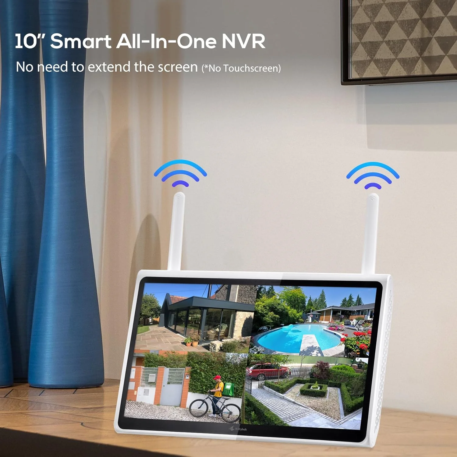 سیستم دوربین مداربسته بی سیم فضای باز Kittyhok با مانیتور | 4 عدد دوربین مداربسته PTZ دو لنز 2K، زوم ترکیبی 10 برابر، ردیابی خودکار، تشخیص انسان، نورافکن | NVR