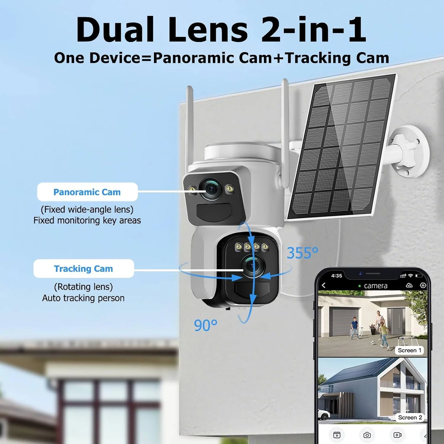 دوربین امنیتی خورشیدی 6 مگاپیکسلی بی سیم مناسب فضای باز، دوربین وای فای 2.4 گیگاهرتزی 360 درجه PTZ با لنز دوگانه برای امنیت خانه با دید در شب رنگی، ردیابی خودکار، تشخیص انسان، آژیر نورافکن