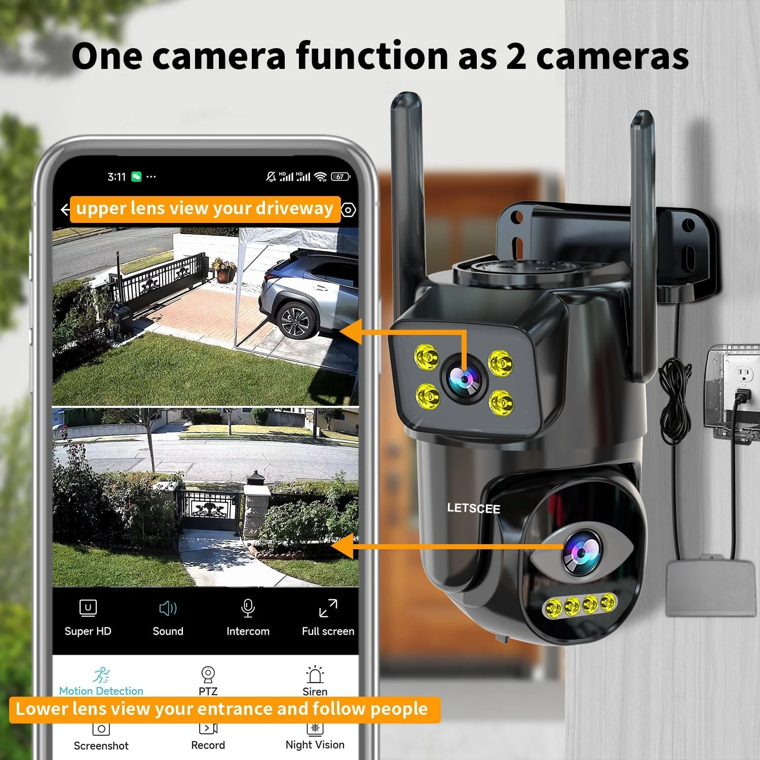 دوربین امنیتی دوگانه لنز وای فای فضای باز 5G/2.4G PTZ با قابلیت ردیابی خودکار، سیستم نظارت امنیتی دوربین خانگی وای فای با قابلیت دید در شب و ضبط