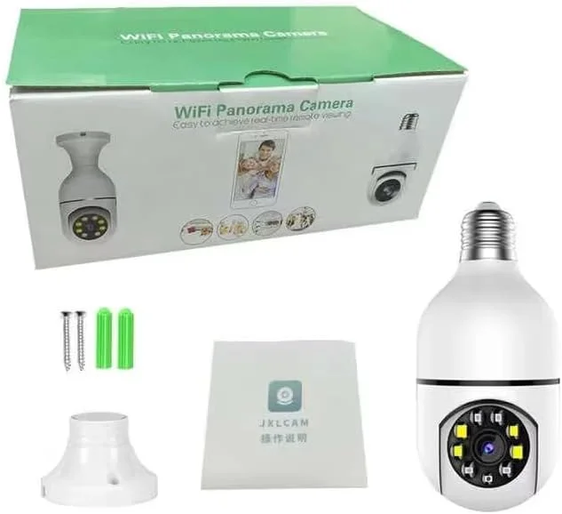 دوربین لامپی چرخشی با قابلیت تشخیص حرکت - دوربین امنیتی وای فای 360 درجه داخلی با قابلیت چرخش، زوم، و کیفیت HD، دید در شب، نور LED، نظارت بی سیم برای خانه، دفتر، گاراژ - پایه B22