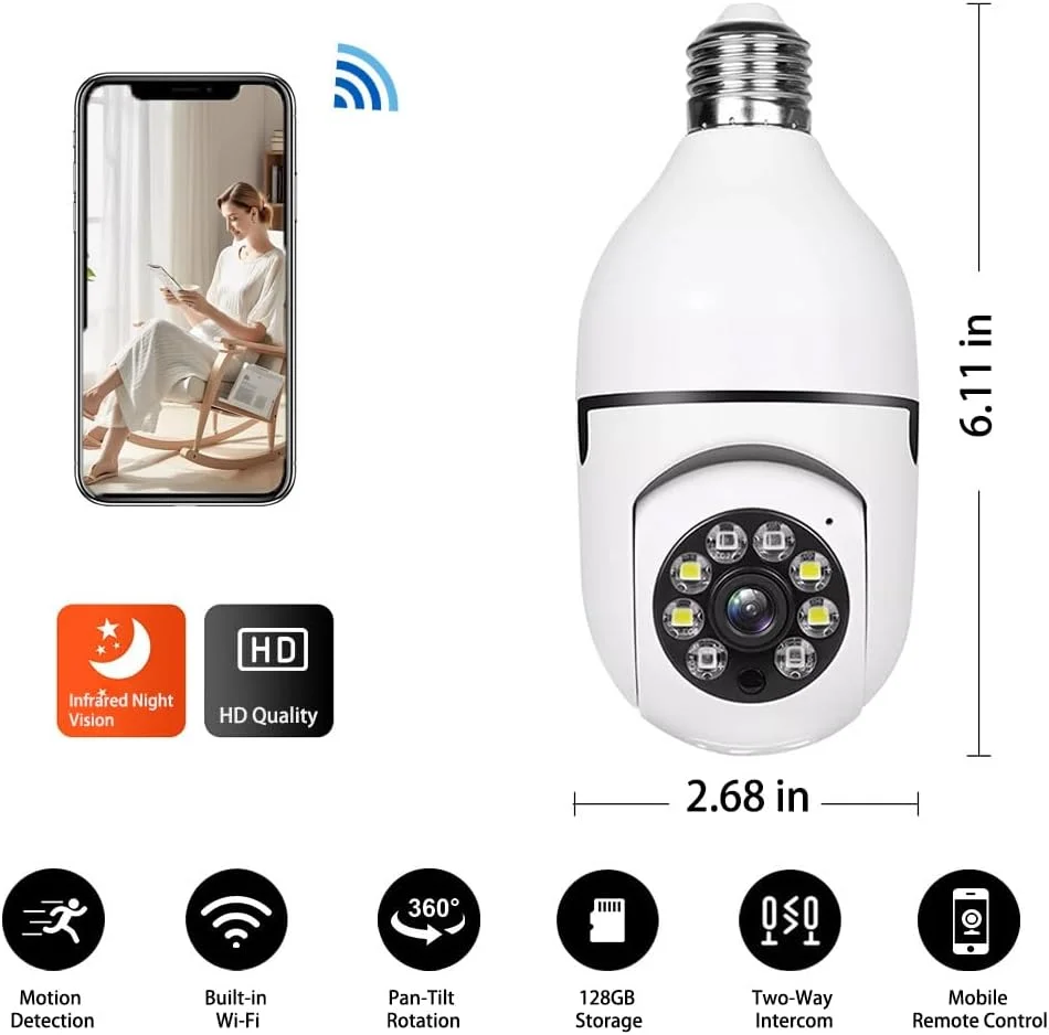 دوربین امنیتی لامپی، دوربین لامپی بی سیم 1080P برای دوربین حیوانات خانگی، سوکت چراغ PTZ 360 درجه بدون کارت SD