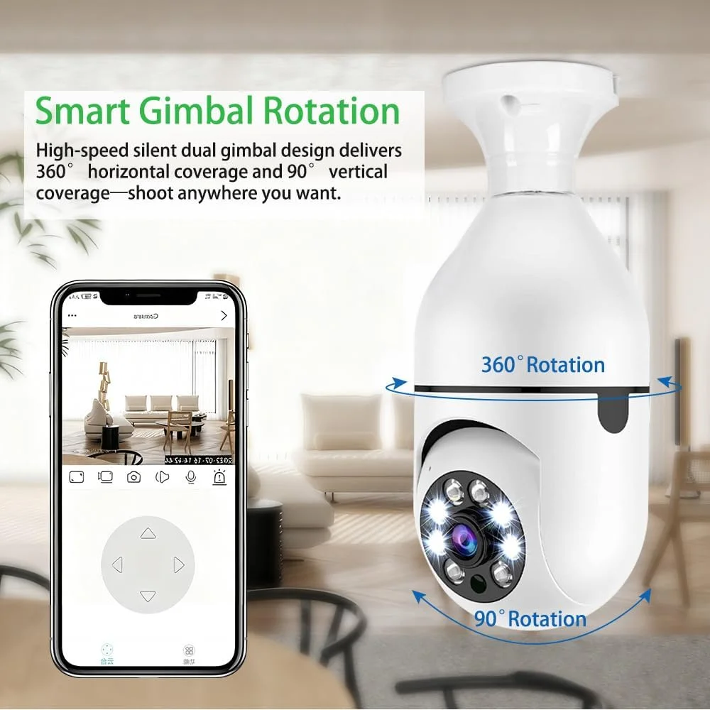 دوربین امنیتی لامپی، دوربین لامپی بی سیم 1080P برای دوربین حیوانات خانگی، سوکت چراغ PTZ 360 درجه بدون کارت SD