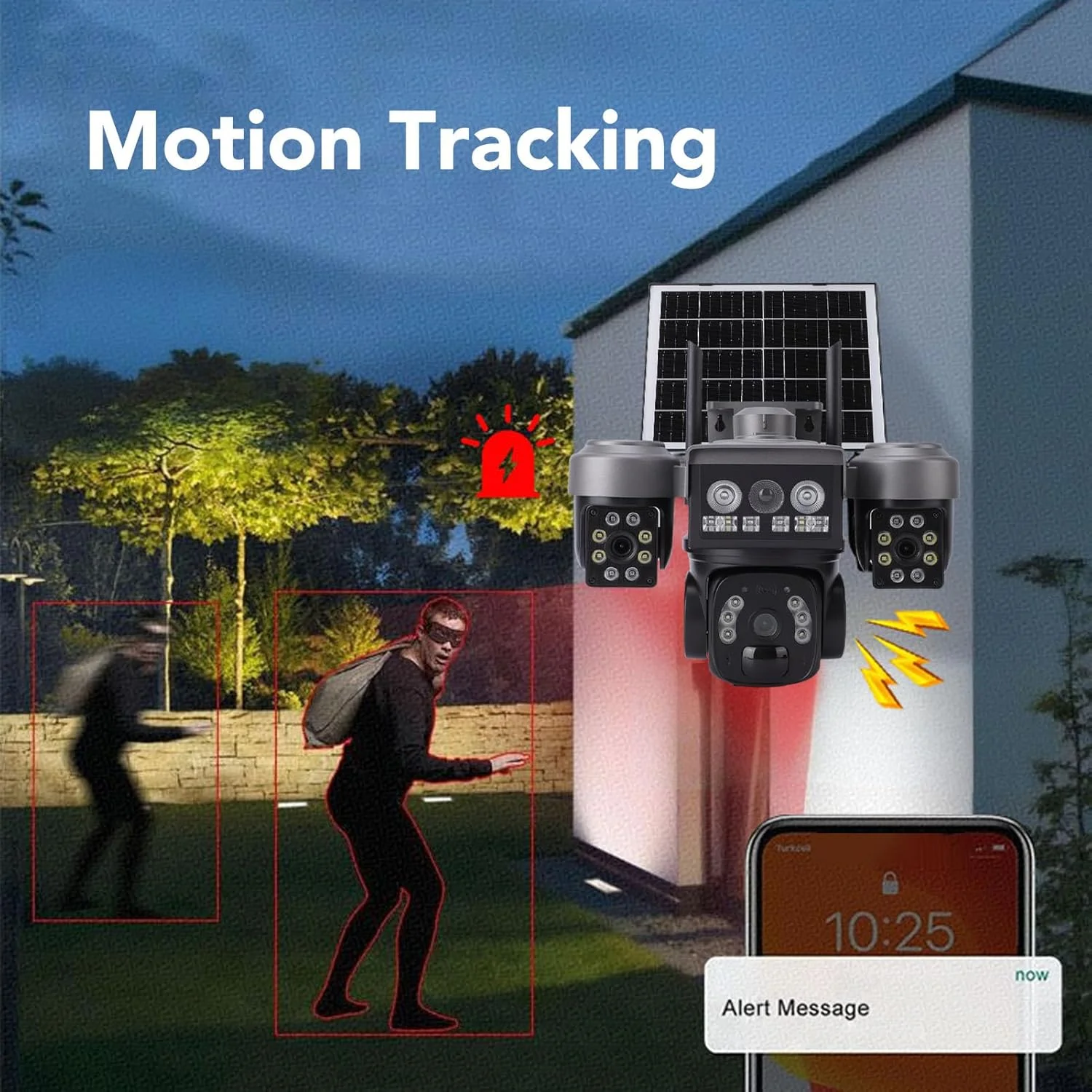 دوربین امنیتی بی‌سیم 4G خورشیدی PTZ مناسب فضای باز Luocute، دارای سه لنز 2 مگاپیکسلی، 360 درجه تمام رنگی با قابلیت تشخیص و ردیابی هوش مصنوعی، باتری 8000 میلی آمپر ساعتی برای خانه، سازگار با V380 Pro