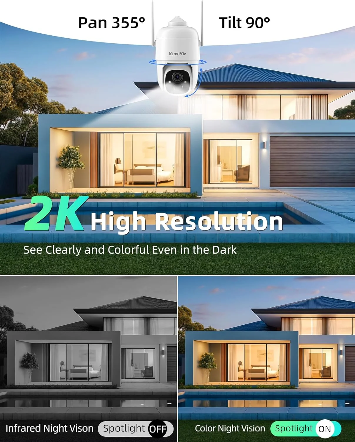 دوربین های امنیتی خورشیدی بی سیم فضای باز، دوربین خورشیدی فضای باز با دید در شب رنگی 2K HD، چرخش 360 درجه PTZ، تشخیص حرکت هوش مصنوعی، ضد آب و هوا IP66، مکالمه دو طرفه، WiFi 2.4G، ذخیره سازی SD/Cloud