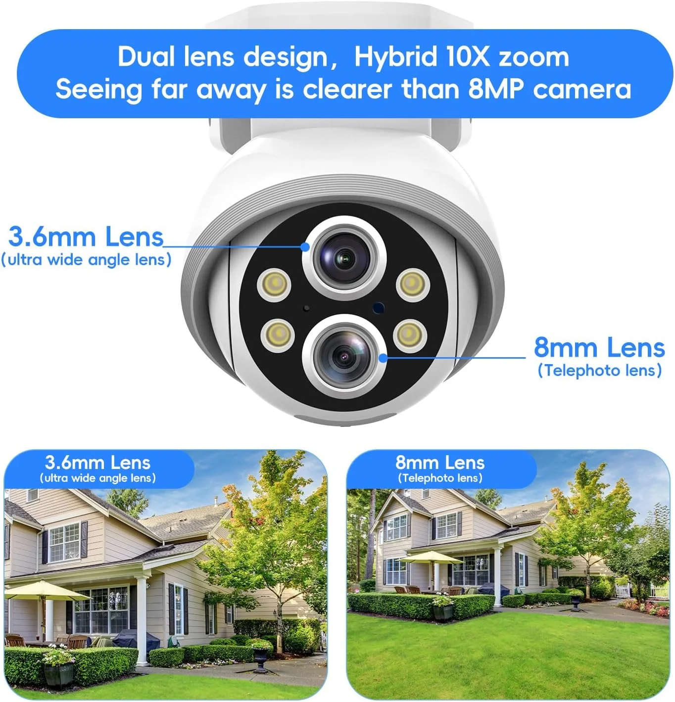 دوربین امنیتی بی سیم MMQ، دوربین دو لنز 2 مگاپیکسلی برای امنیت خانه، دوربین بیرونی PTZ با زوم هیبریدی 10X، ردیابی خودکار تشخیص انسان، مکالمه دو طرفه، دید در شب رنگی، سازگار با الکسا