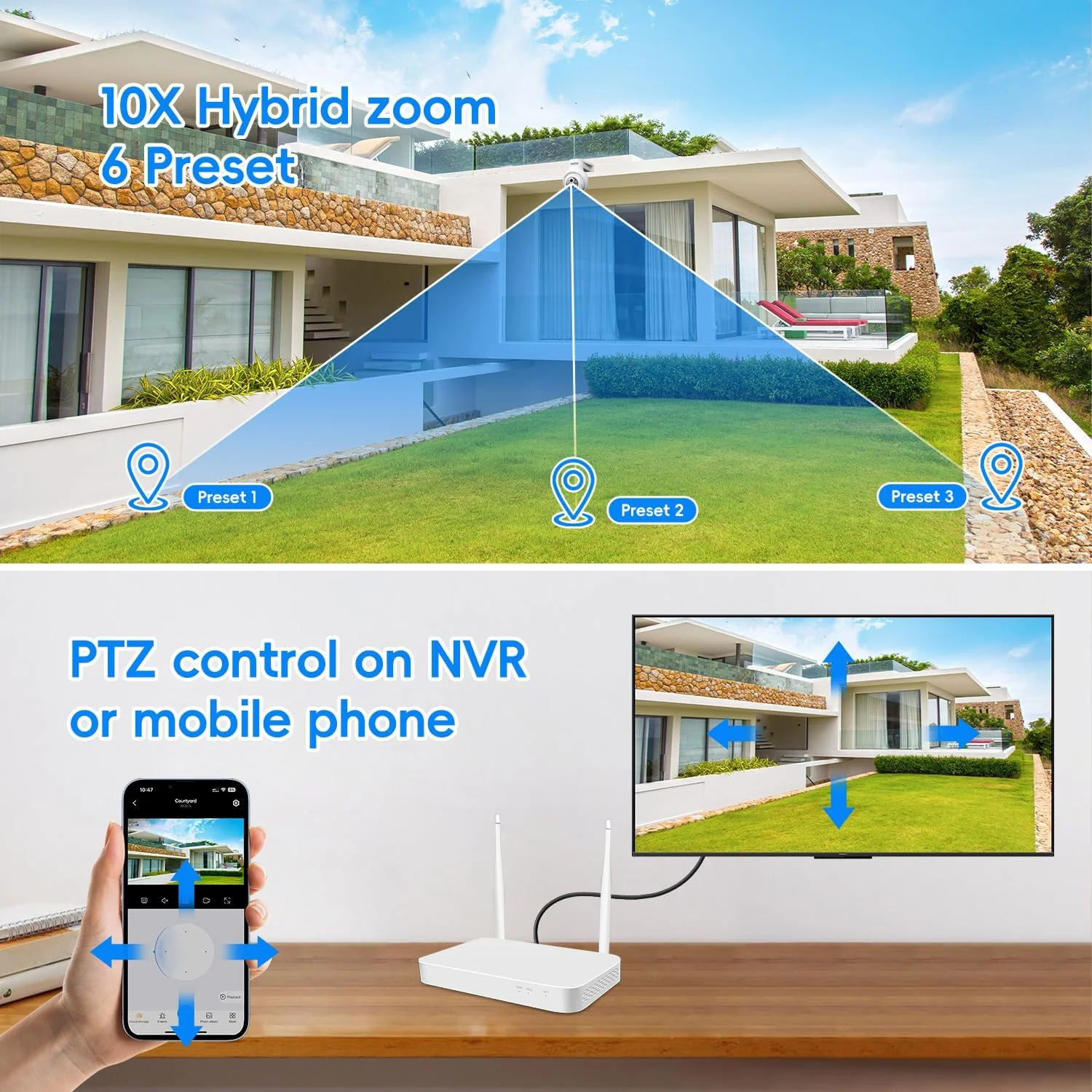 دوربین امنیتی بی سیم MMQ، دوربین دو لنز 2 مگاپیکسلی برای امنیت خانه، دوربین بیرونی PTZ با زوم هیبریدی 10X، ردیابی خودکار تشخیص انسان، مکالمه دو طرفه، دید در شب رنگی، سازگار با الکسا