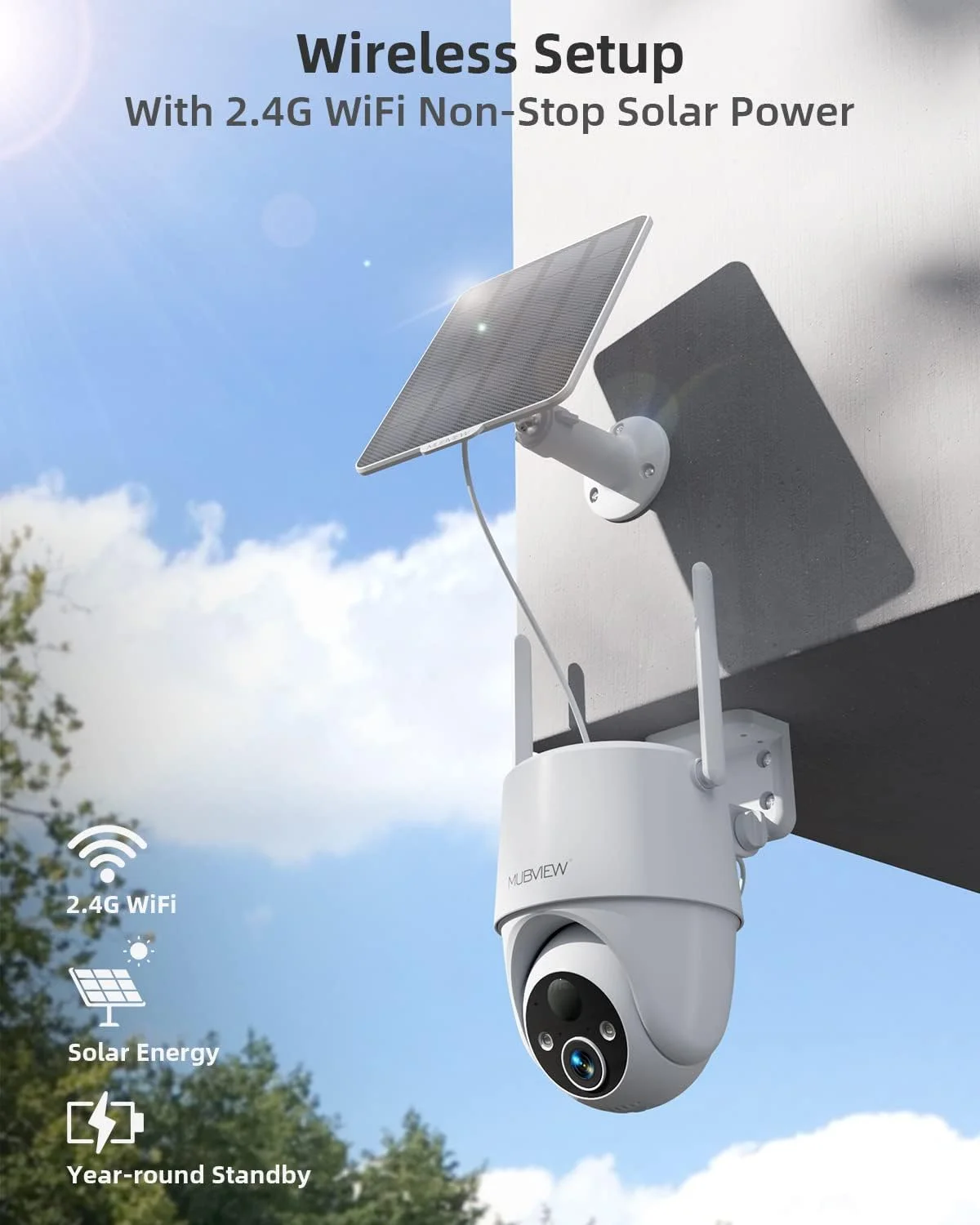 دوربین های امنیتی خورشیدی بی سیم MUBVIEW 2K برای فضای باز، دوربین فضای باز با باتری PTZ 60 درجه، دوربین امنیتی خانگی وای فای 2.4 گیگاهرتز، دید در شب رنگی، تشخیص حرکت، صدای دو طرفه، 2 عددی