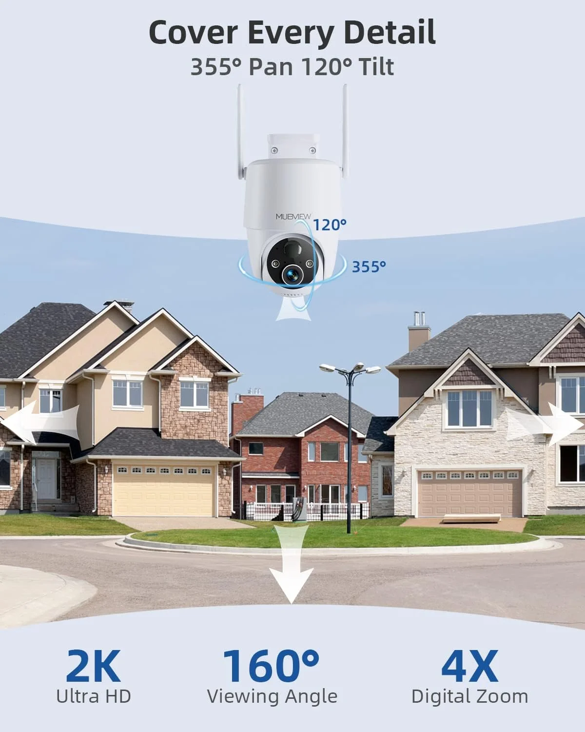 دوربین های امنیتی بی سیم فضای باز MUBVIEW برای خانه، دوربین خورشیدی 2K امنیتی فضای باز، دوربین امنیتی وای فای PTZ 360 درجه - بدون اشتراک، 2.4G، دید در شب رنگی، تشخیص حرکت، مکالمه 2 طرفه