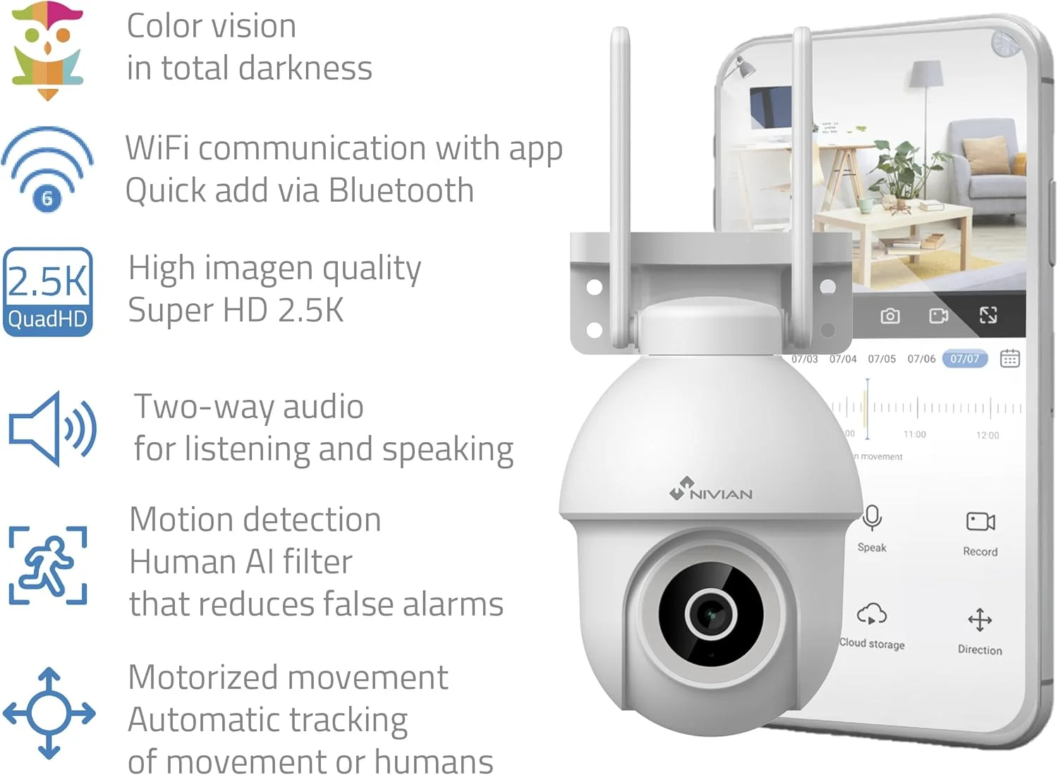 دوربین وای فای PTZ نیویان - 2.4 گیگاهرتز Half4K با رزولوشن 2560x1440، دید در شب رنگی، تشخیص حرکت و انسان، سازگار با الکسا و گوگل هوم، کنترل از طریق اپلیکیشن، تصویر فوق العاده HD 2.5k