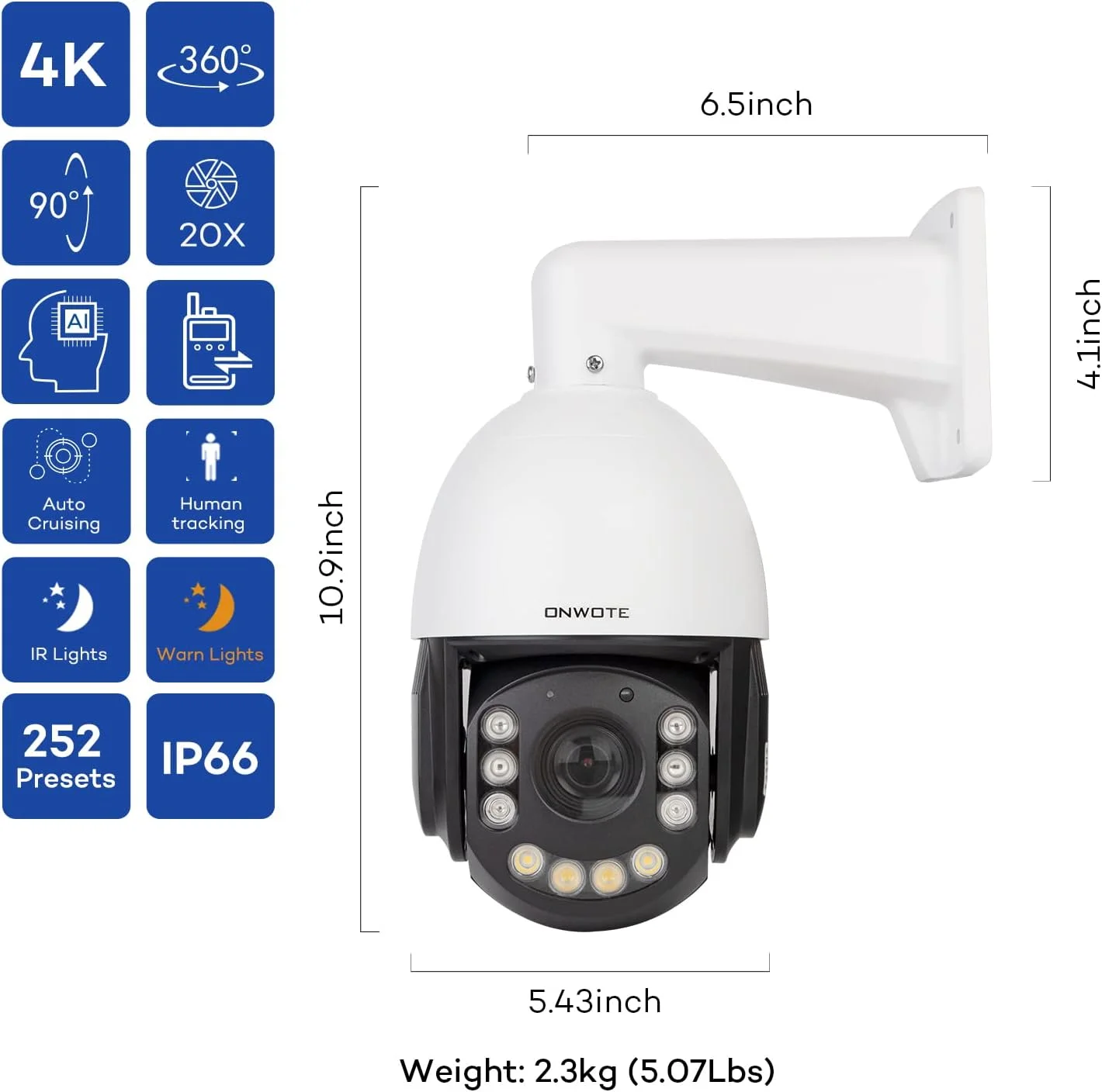 دوربین امنیتی تحت شبکه 4K PTZ با زوم اپتیکال 20X، چرخش و حرکت خودکار، ردیابی انسان، تشخیص هوش مصنوعی با دید در شب رنگی، چرخش 360 درجه و شیب 95 درجه، قابلیت مکالمه دو طرفه، برد IR 80-100 متری، دوربین تجاری مناسب فضای باز