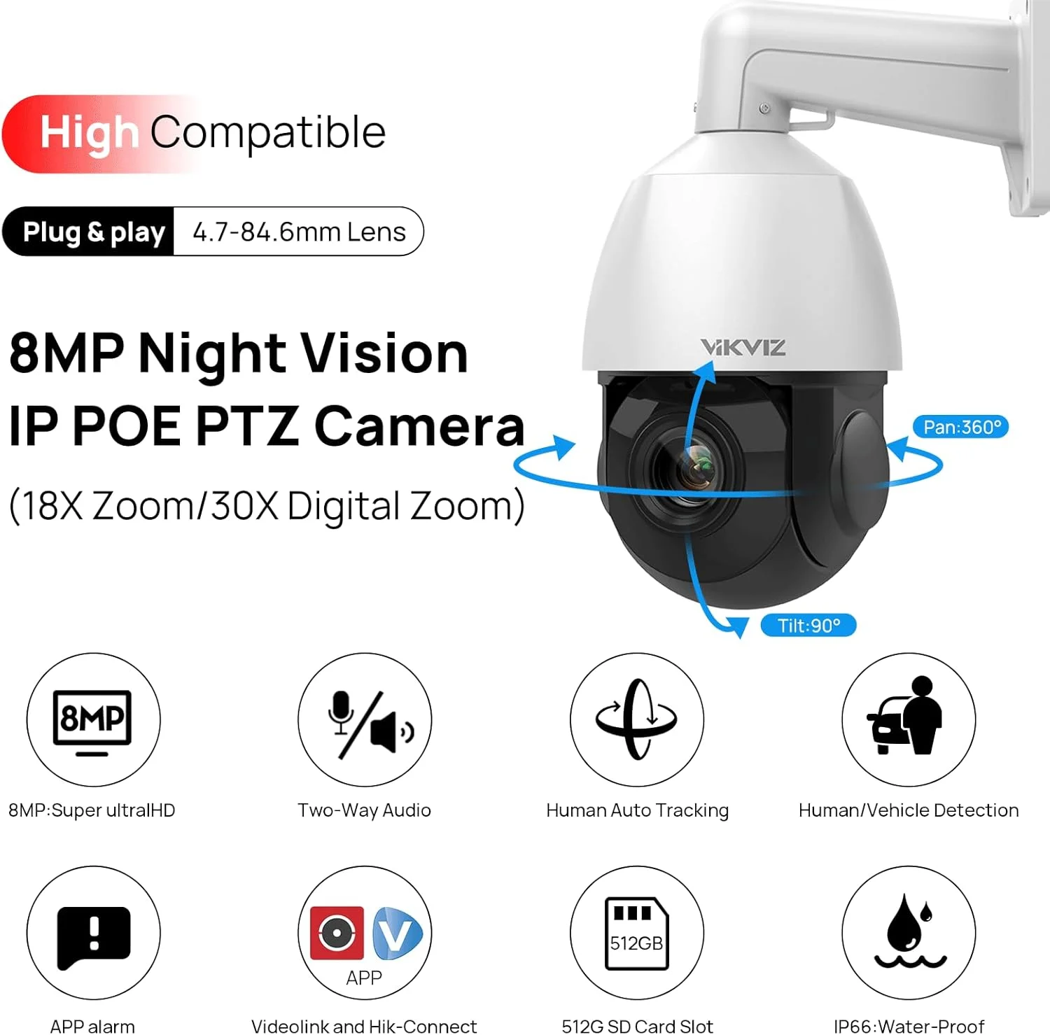 دوربین مداربسته تحت شبکه 4K 8MP PTZ POE مناسب فضای باز، چرخش 360 درجه افقی و 90 درجه عمودی، زوم اپتیکال 18X، ردیابی خودکار انسان، تشخیص انسان/خودرو، مکالمه دو طرفه، دید در شب IR تا 100 متر، دوربین PTZ با قابلیت پشتیبانی از MicroSD تا 512 گیگابایت، سازگار با Blue Iris