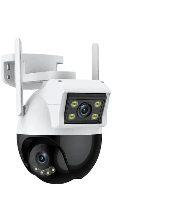 دوربین امنیتی فضای باز پلاتو LED، PTZ دو لنز با کیفیت فوق العاده شفاف 2 میلیون پیکسلی، سفید و مشکی، نظارت بی سیم وای فای H3