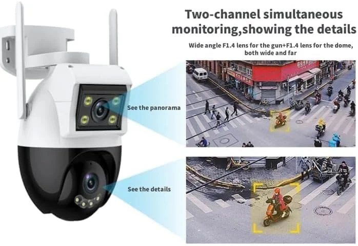 دوربین امنیتی فضای باز پلاتو LED، PTZ دو لنز با کیفیت فوق العاده شفاف 2 میلیون پیکسلی، سفید و مشکی، نظارت بی سیم وای فای H3