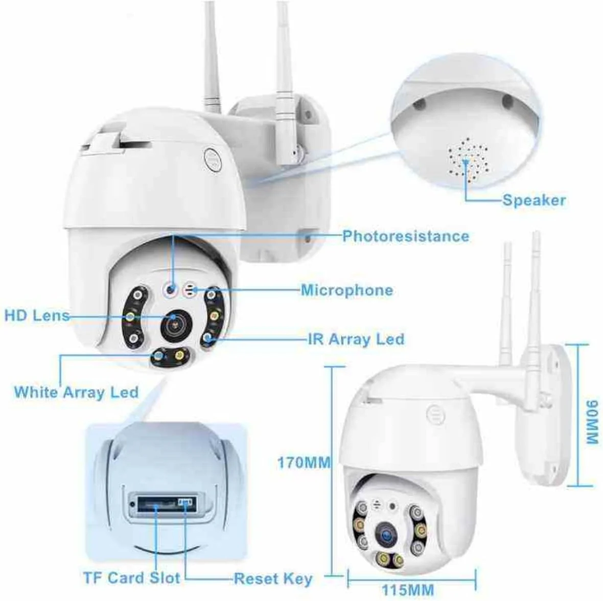 دوربین مداربسته وای فای فضای باز، 1080P HD PTZ، ضد آب IP66، چرخش 320 درجه و شیب 110 درجه، دید در شب، صدای دو طرفه