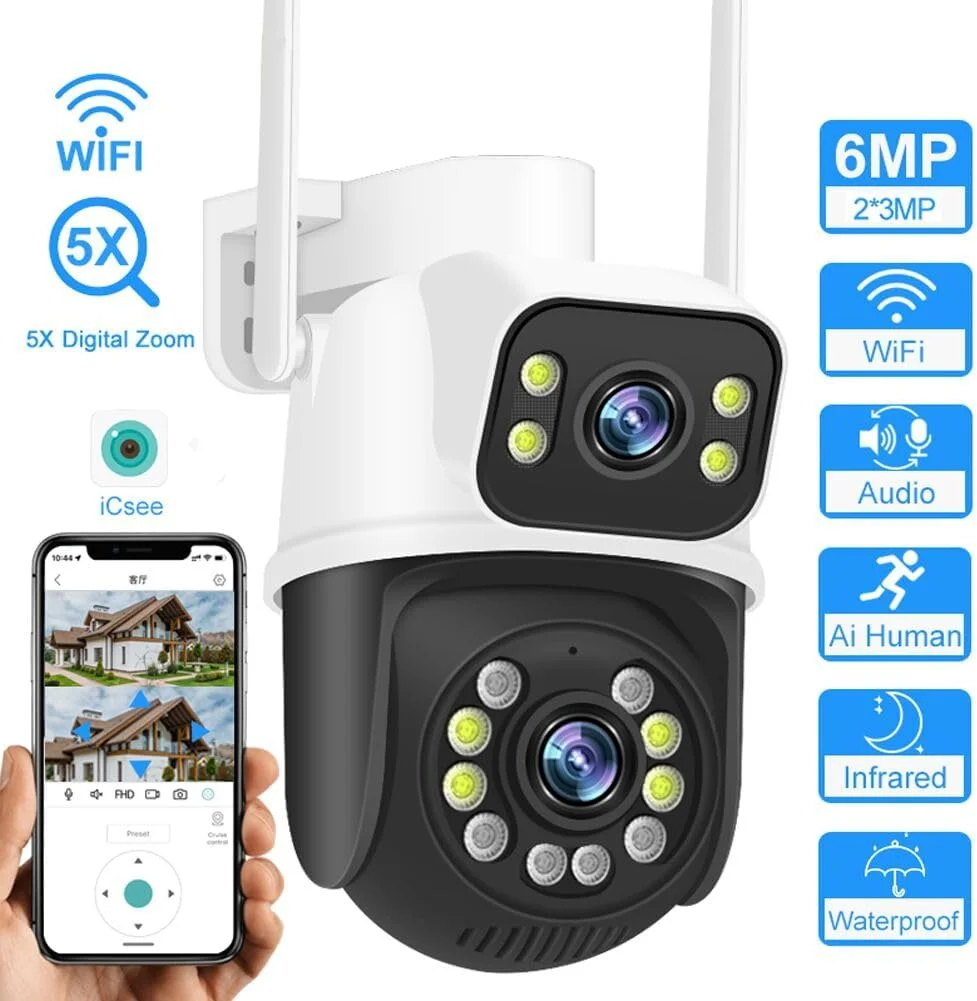 دوربین مداربسته بی سیم امنیتی PTZ WiFi فضای باز با لنز دوگانه 2X3MP، تشخیص انسان، چرخش افقی و عمودی، زوم دیجیتال، ردیابی خودکار، دوربین نظارتی منزل، صدای دو طرفه، دید در شب رنگی ICsee با کابل 3 متری