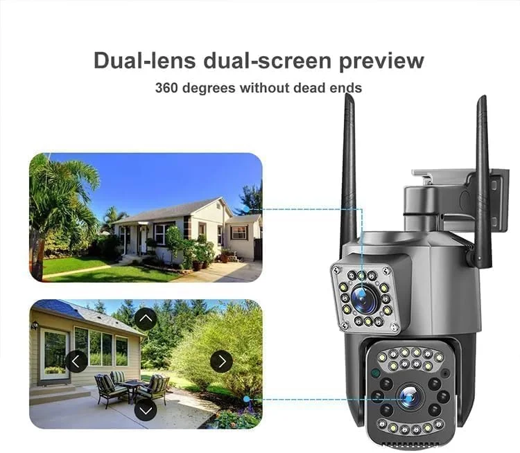 دوربین وای فای PTZ دو لنز Full HD 1080p پانوراما مناسب فضای باز | صدای دو طرفه | دید رنگی | آلارم | هشدار حرکت | پشتیبانی از کارت SD | چرخش 352 درجه افقی و عمودی