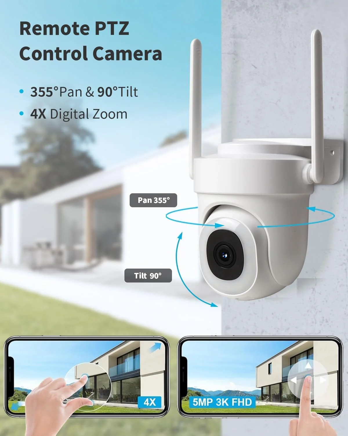 دوربین امنیتی 3K 5MP پانوراکسی، دوربین امنیتی بیرونی وای فای 5G و 2.4G با PTZ 360 درجه، دوربین های بیرونی با قابلیت مکالمه دو طرفه برای امنیت خانه، ردیابی خودکار، هشدار حرکت و صدا، IP66