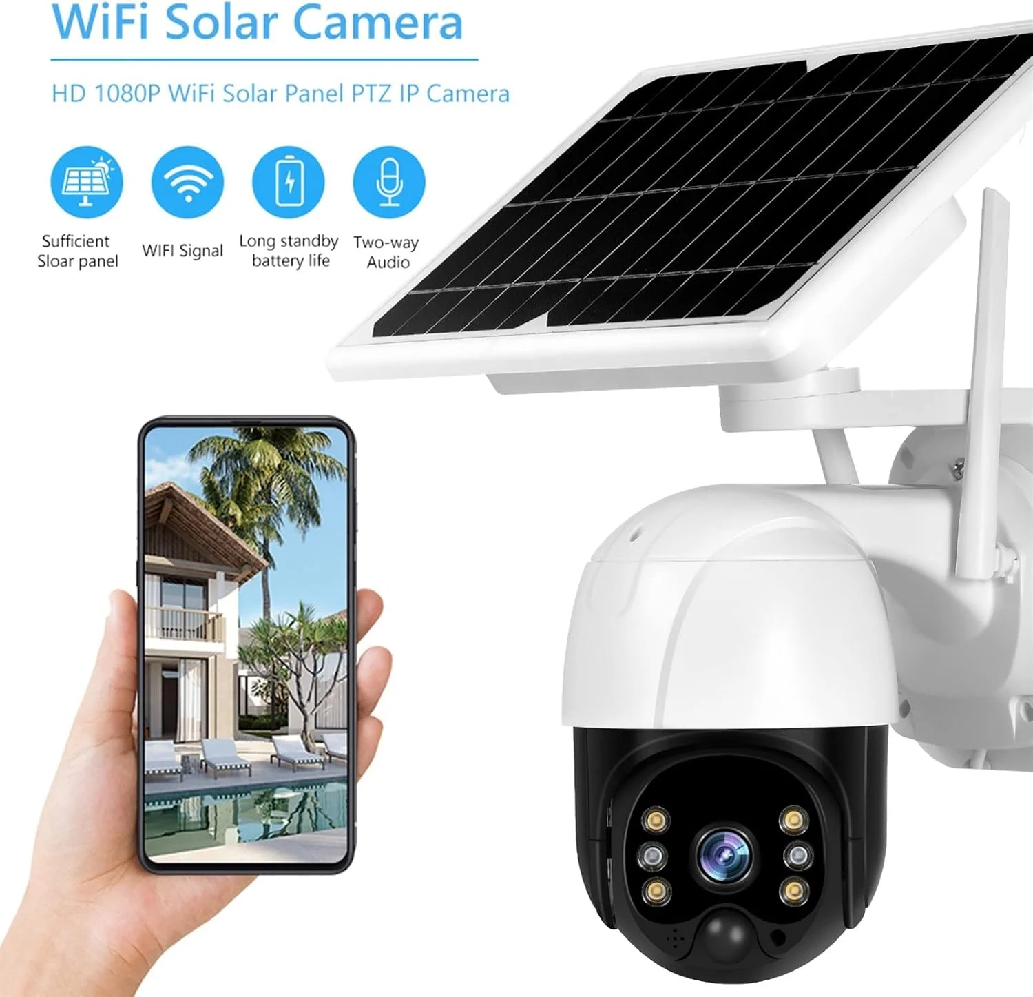 دوربین امنیتی خورشیدی بی‌سیم، دوربین امنیتی 3 مگاپیکسلی وای فای بی‌سیم PTZ با باتری قابل شارژ خورشیدی برای امنیت خانه