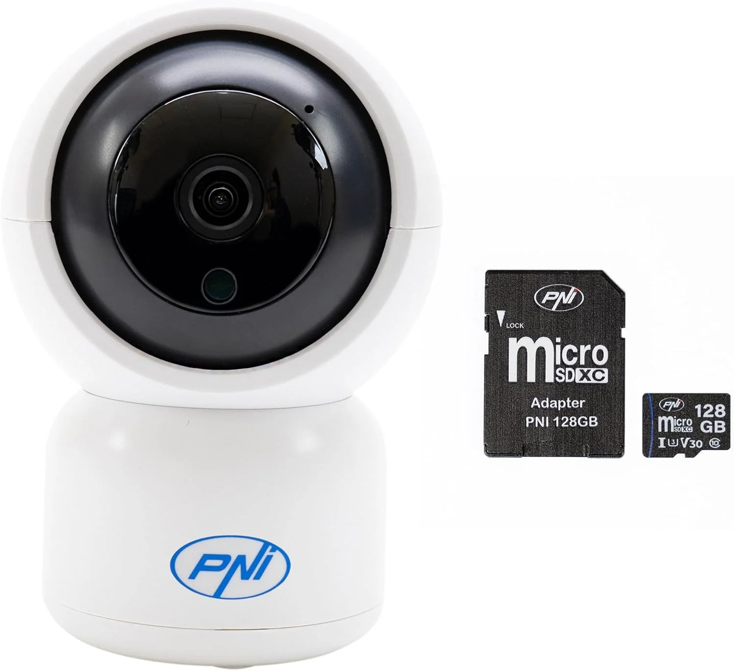 پکیج دوربین مداربسته ویدیویی PNI IP390T 1080P با PTZ WiFi H264 به همراه کارت حافظه MicroSD 128 گیگابایتی با آداپتور SD