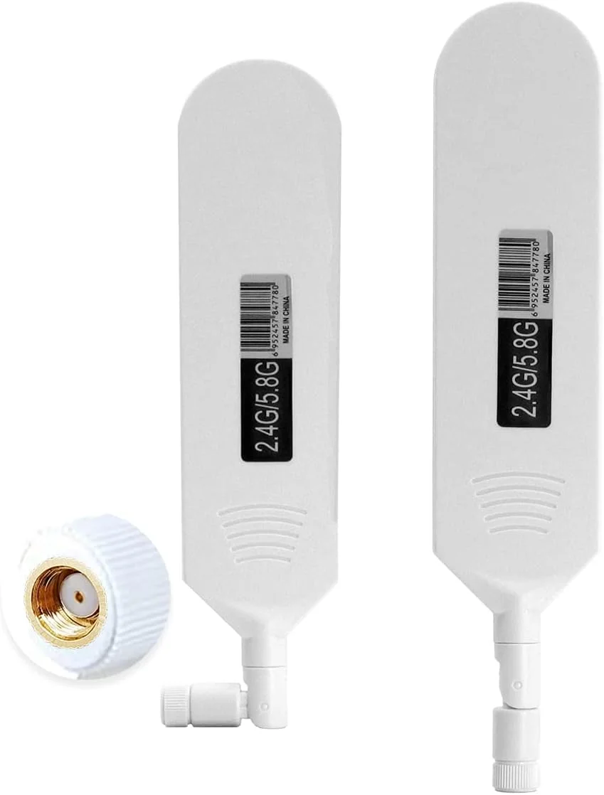آنتن وای فای دو بانده POBADY 2.4GHz 5.8GHz با بهره بالا، چسبی، همه جهته، کانکتور RP SMA نر برای روتر وای فای و کارت شبکه بی سیم (سفید، 2 عدد)