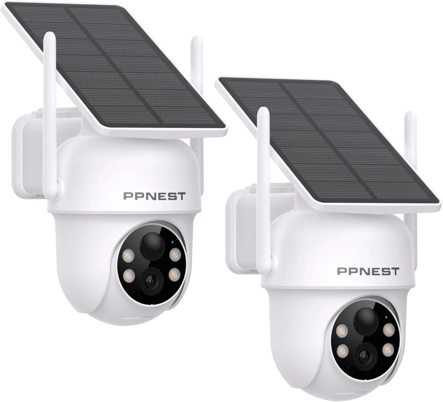دوربین امنیتی خورشیدی بی‌سیم PPNEST برای فضای باز، دوربین‌های وای‌فای 2.4 گیگاهرتز برای نظارت خانگی با پنل خورشیدی ثابت، PTZ 360 درجه با باتری، تشخیص حرکت PIR، دید در شب رنگی 2K، بسته 2 عددی