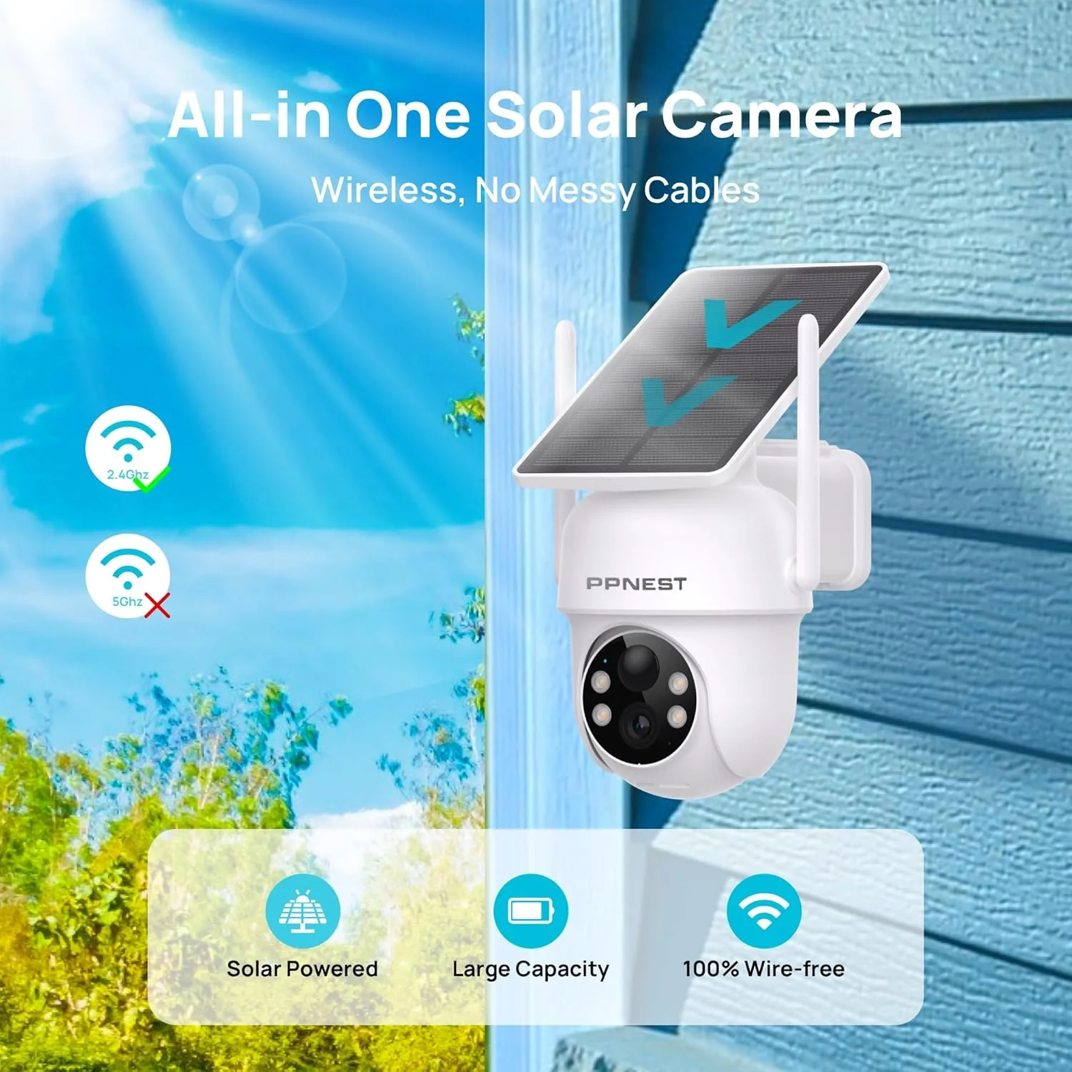 دوربین امنیتی خورشیدی بی‌سیم PPNEST برای فضای باز، دوربین‌های وای‌فای 2.4 گیگاهرتز برای نظارت خانگی با پنل خورشیدی ثابت، PTZ 360 درجه با باتری، تشخیص حرکت PIR، دید در شب رنگی 2K، بسته 2 عددی