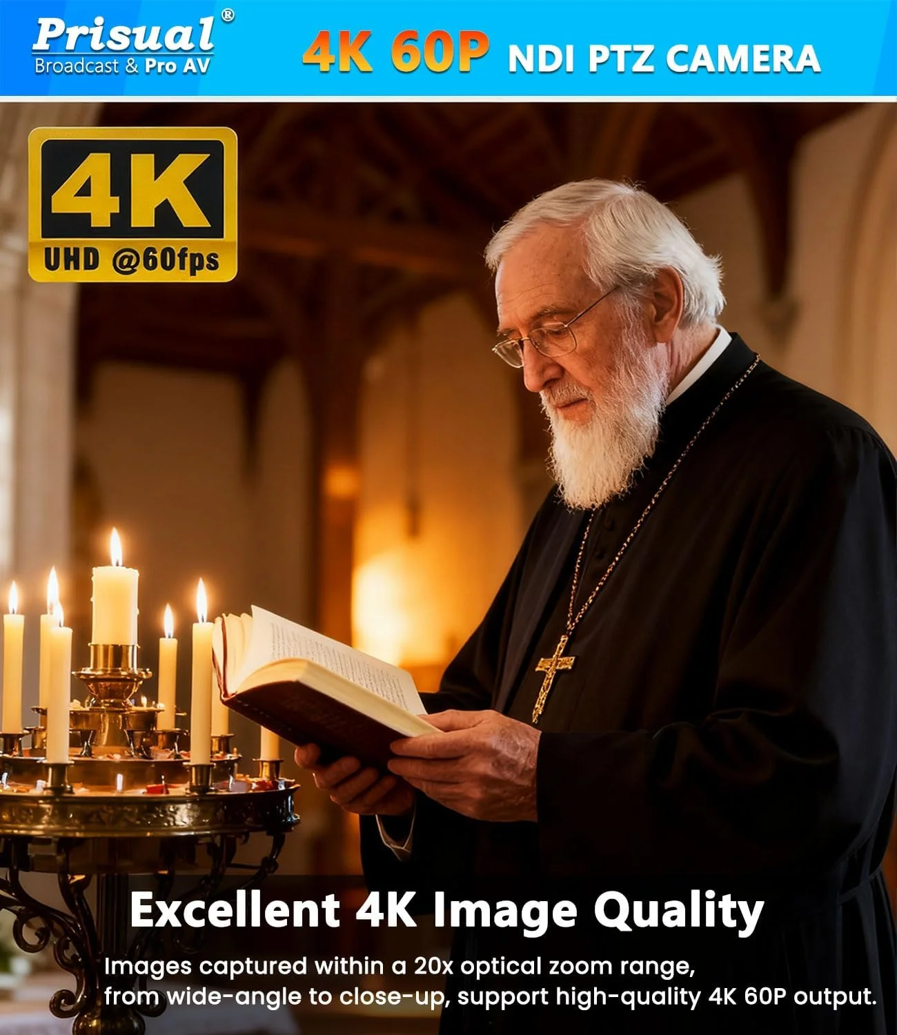 دوربین 4K PTZ NDI با زوم اپتیکال 20X و ردیابی خودکار هوش مصنوعی، 60 فریم بر ثانیه، با قابلیت PoE HDMI/SDI/USB/IP برای پخش زنده، دوربین 4K PTZ برای مراسم مذهبی، رویدادهای عبادی، vMix، OBS (شامل آخرین SDK Newtek NDI)