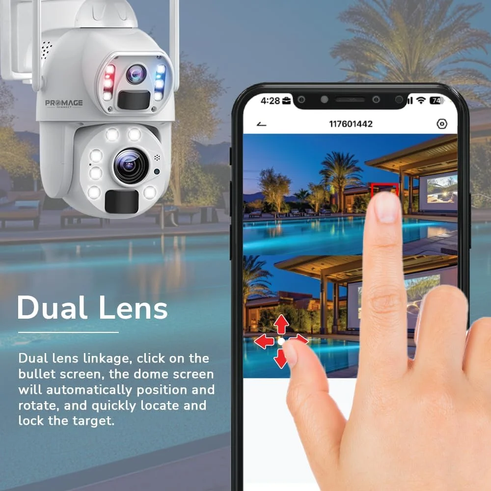 دوربین چرخشی 6 مگاپیکسلی 3K مدل Promage Connect PC-S566 با زوم 10X، اتصال 4G، دید در شب رنگی تا 50 فوت، استاندارد IP65 مناسب فضای باز، باتری 12000 میلی آمپر، ذخیره سازی کارت TF و فضای ابری