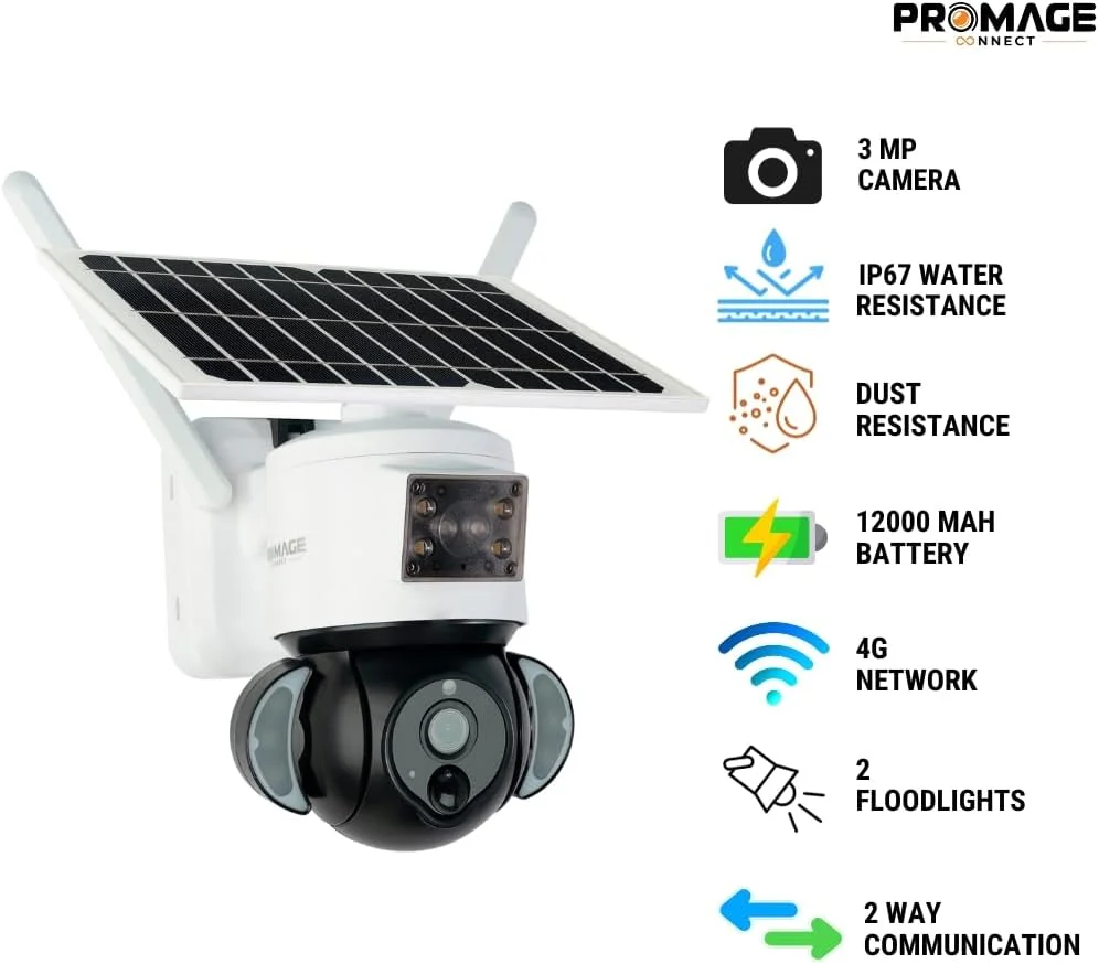 دوربین امنیتی خورشیدی 4G LTE پرومج، بی سیم بیرونی، بدون نیاز به وای فای، 3 مگاپیکسل Full HD PTZ، دید در شب، تشخیص حرکت، مکالمه 2 طرفه، ذخیره سازی SD و ابری (سفید)