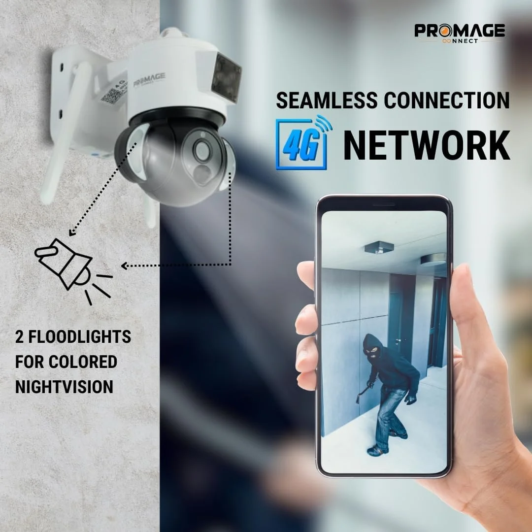 دوربین امنیتی خورشیدی 4G LTE پرومج، بی سیم بیرونی، بدون نیاز به وای فای، 3 مگاپیکسل Full HD PTZ، دید در شب، تشخیص حرکت، مکالمه 2 طرفه، ذخیره سازی SD و ابری (سفید)