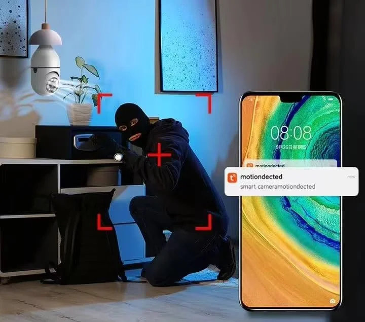 دوربین امنیتی لامپی PTZ – نظارت وای فای 360 درجه داخلی با تشخیص حرکت، چرخش، زوم، ویدیوی HD، دید در شب، چراغ LED، دوربین نظارت بی سیم خانگی با پایه B22
