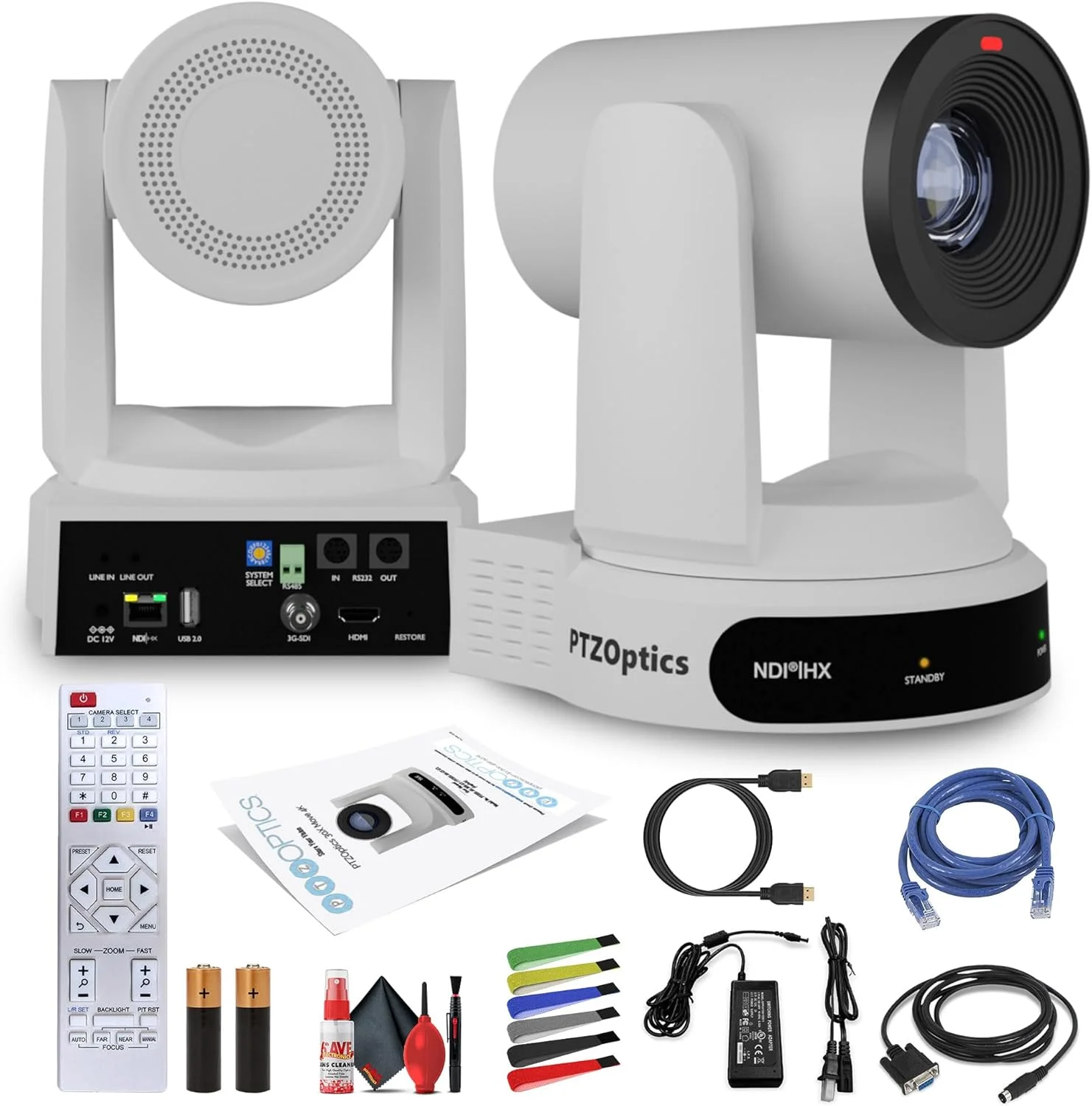 دوربین PTZOptics Move 4K SDI/HDMI/USB/IP PTZ با زوم اپتیکال 30 برابر (سفید) (PT30X-4K-WH-G3) + کیت تمیز کننده لنز + کابل HDMI + کابل اترنت + بست کمربندی رنگی