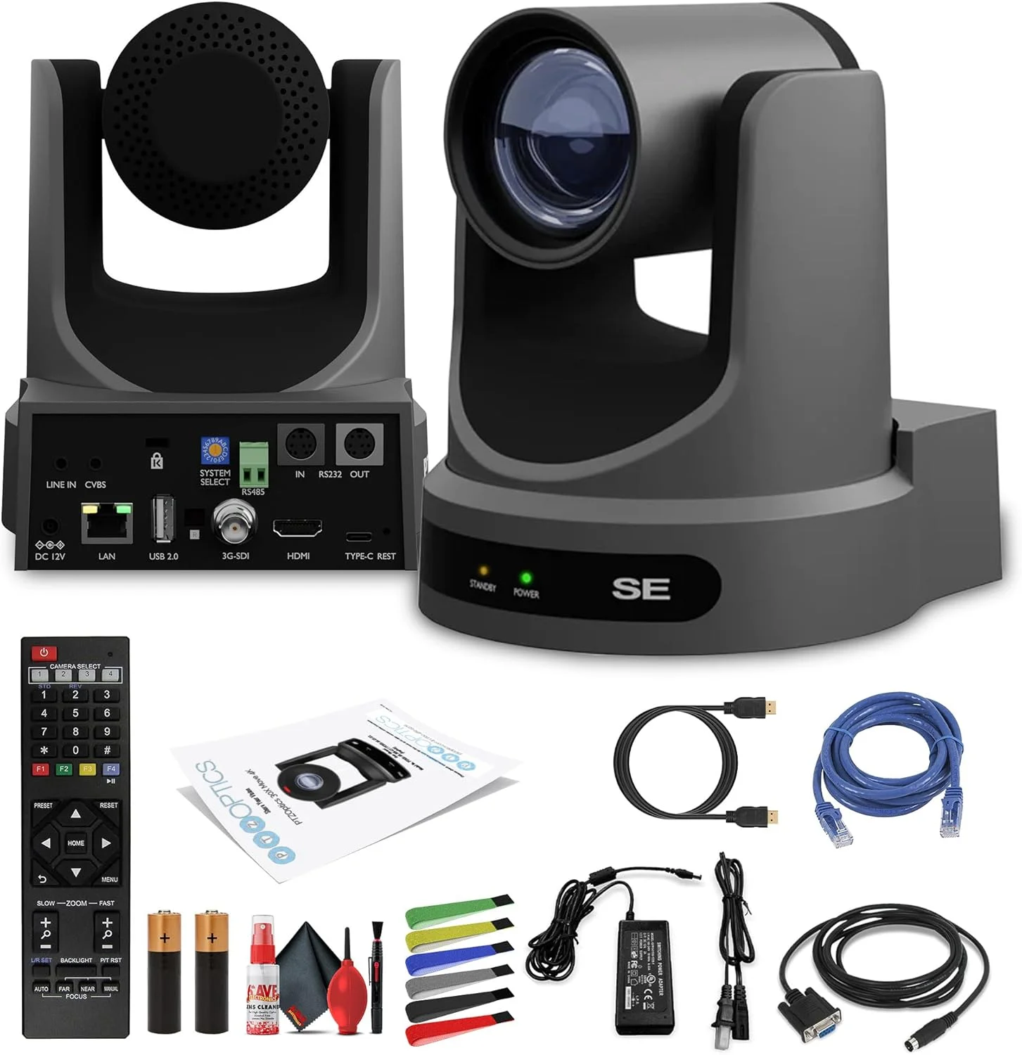 دوربین PTZOptics Move SE با خروجی SDI/HDMI/USB/IP و زوم اپتیکال 30x (خاکستری) (PT30X-SE-GY-G3) + کیت تمیز کننده لنز + کابل HDMI + کابل اترنت + بست کمربندی رنگی
