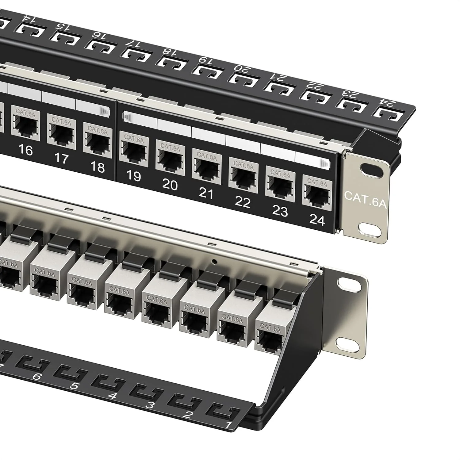 پنل پچ اترنت Cat6A با 24 پورت 10 گیگابیتی Cable Matters، 1U 19 اینچی، با کیستون خطی و میله مدیریت کابل، پنل پچ شبکه قابل نصب در رک یا دیوار / پنل پچ RJ45