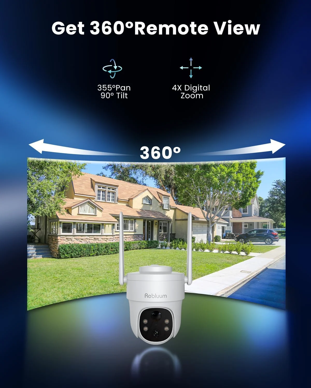 دوربین امنیتی بی سیم ضد آب Rebluum برای فضای باز، دوربین خورشیدی 5 مگاپیکسلی بی سیم برای فضای باز، دوربین PTZ 360 درجه با باتری، دید در شب رنگی، تشخیص حرکت PIR، صدای دو طرفه، سازگار با الکسا