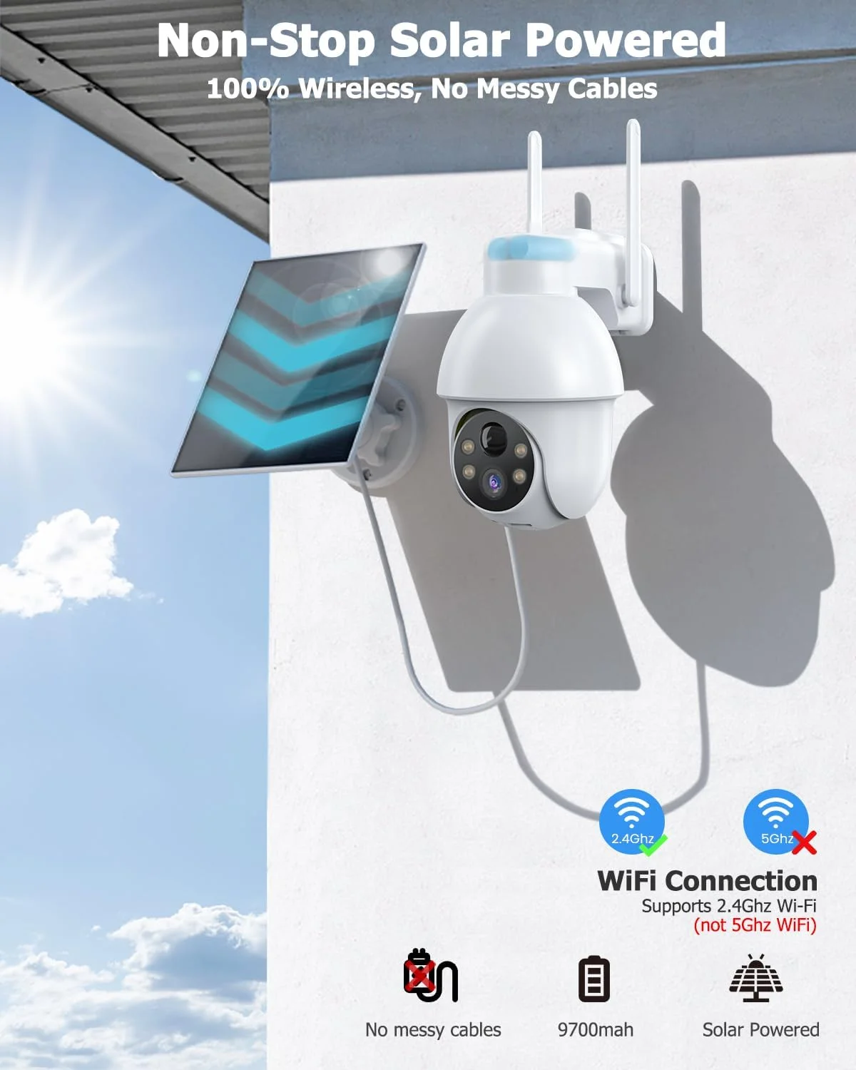 دوربین مداربسته امنیتی بی‌سیم فضای باز، دوربین خورشیدی 2K، دوربین PTZ 360 درجه با باتری، دید در شب رنگی، صدای دو طرفه، تشخیص حرکت PIR، سازگار با الکسا
