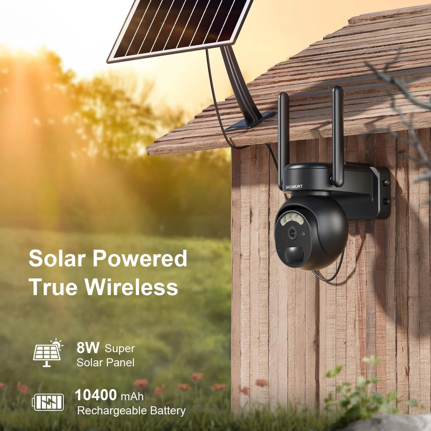 دوربین امنیتی سلولی فضای باز SACUMURT، دوربین های امنیتی خورشیدی بی سیم فضای باز، دوربین امنیتی خارج از شبکه بدون وای فای، سنسور PIR، چرخش 360 درجه، دید در شب رنگی 2K، کارت SD 64 گیگابایتی، IP66، بسته 2 عددی