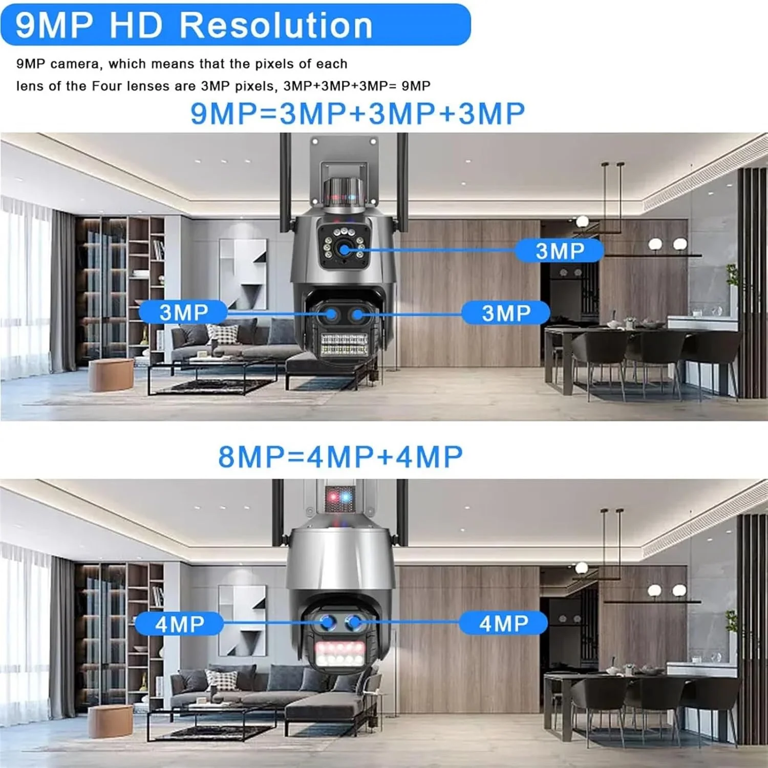 دوربین مداربسته فضای باز 9 مگاپیکسل PTZ وای فای با صفحه نمایش دوگانه و زوم دیجیتال 8X، تشخیص انسان، حفاظت امنیتی در فضای باز، دوربین نظارتی مداربسته IP (9MP بدون کارت SD)