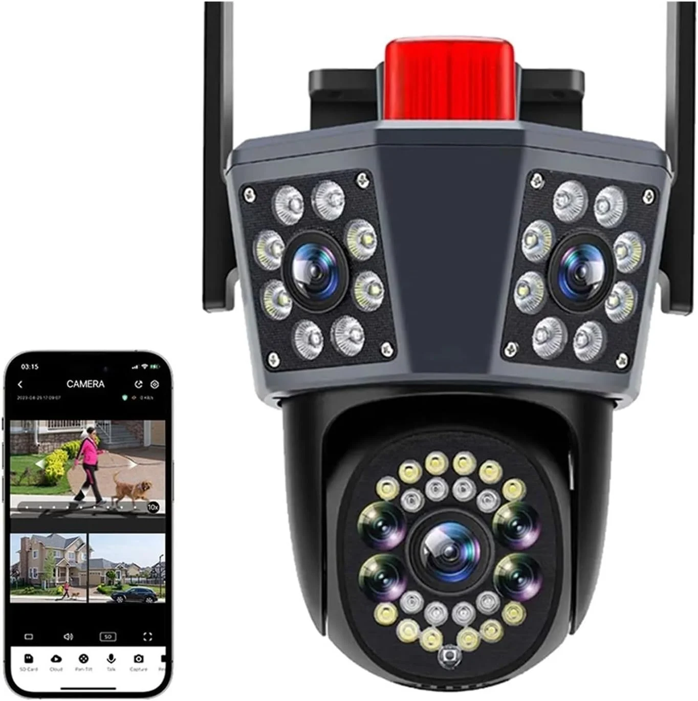 دوربین امنیتی فضای باز 12 مگاپیکسل 6K PTZ وای فای سه لنز، دوربین فضای باز سه لنز، ردیابی خودکار، تشخیص حرکت، دوربین مداربسته ویدیویی IP (دوربین به همراه کارت حافظه 128 گیگابایتی)