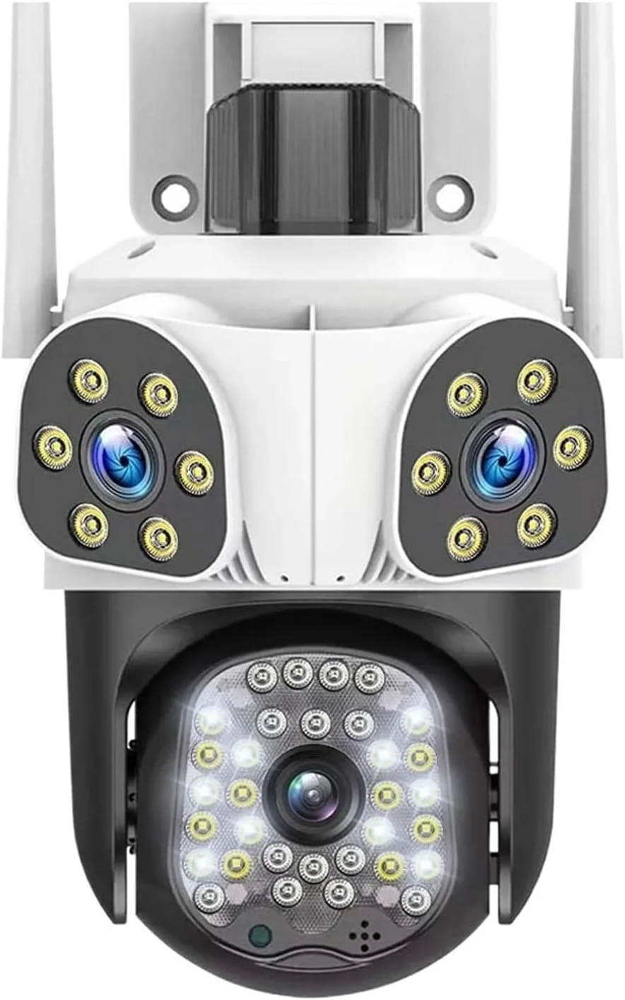 دوربین مداربسته فضای باز وای فای 6K 12 مگاپیکسل با قابلیت ردیابی حرکت، سه لنز، زوم 4X PTZ، دوربین فیلمبرداری حفاظتی امنیتی CCTV (دوربین به همراه کارت حافظه 64 گیگابایتی)