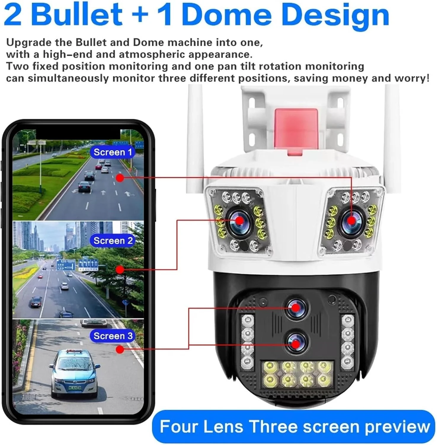 دوربین مداربسته فضای باز 8K 16MP با چهار لنز PTZ و سه صفحه نمایش هوش مصنوعی برای ردیابی انسان در فضای باز 16MP دوربین مداربسته IP (8K بدون کارت SD)