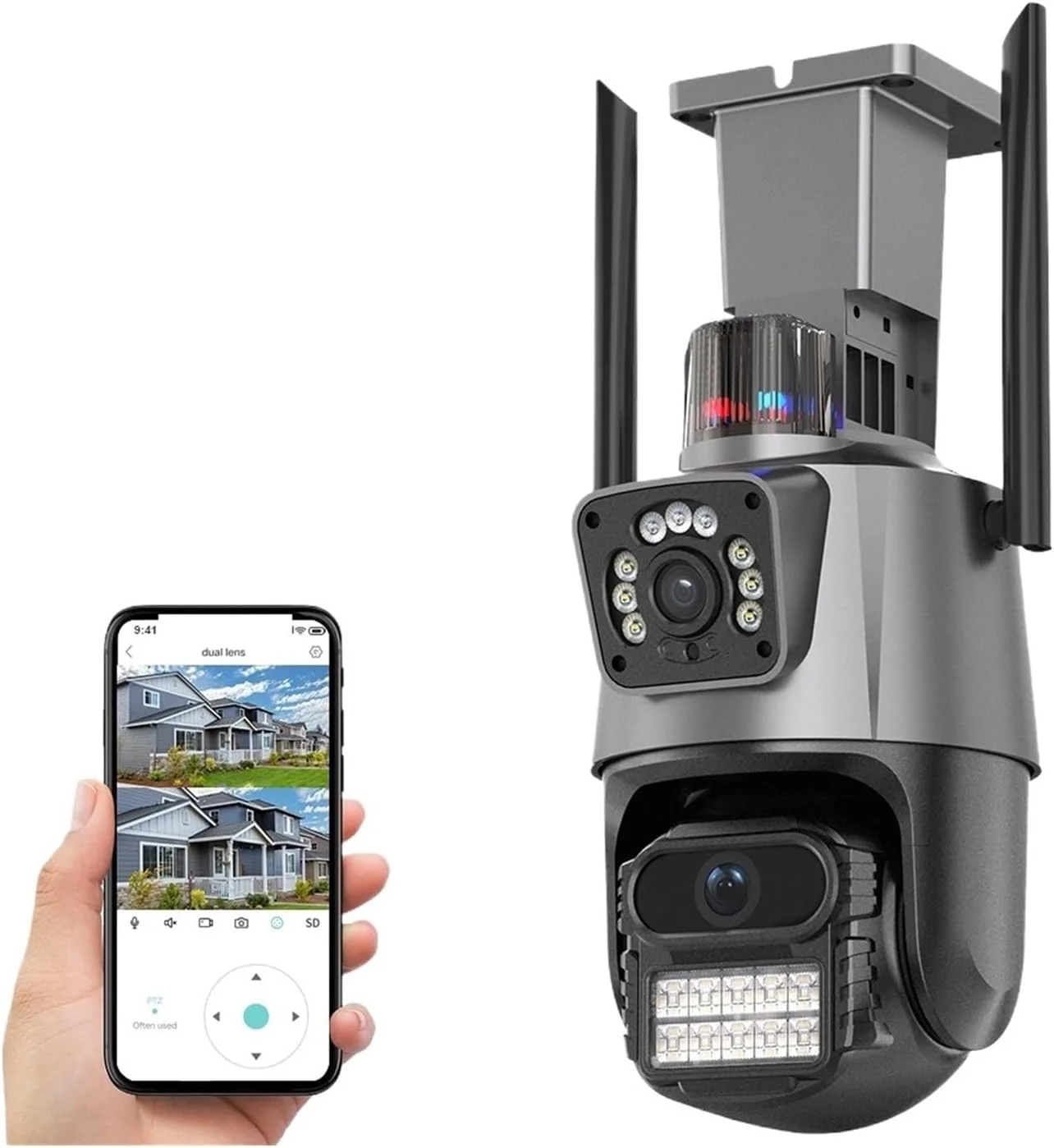 دوربین مداربسته فضای باز 8 مگاپیکسل PTZ با صفحه نمایش دوگانه رنگی دید در شب، دوربین مداربسته امنیتی 4 مگاپیکسل IP (4MP با کارت 128G)