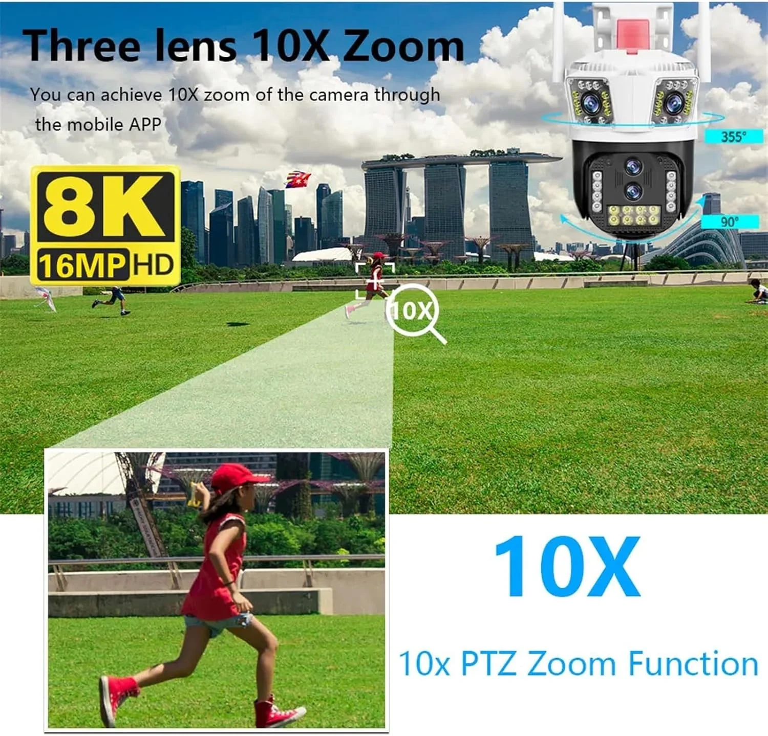 دوربین مداربسته فضای باز 8K 16MP با چهار لنز PTZ و سه صفحه نمایش هوش مصنوعی برای ردیابی انسان در فضای باز 16MP دوربین مداربسته IP (8K بدون کارت SD)