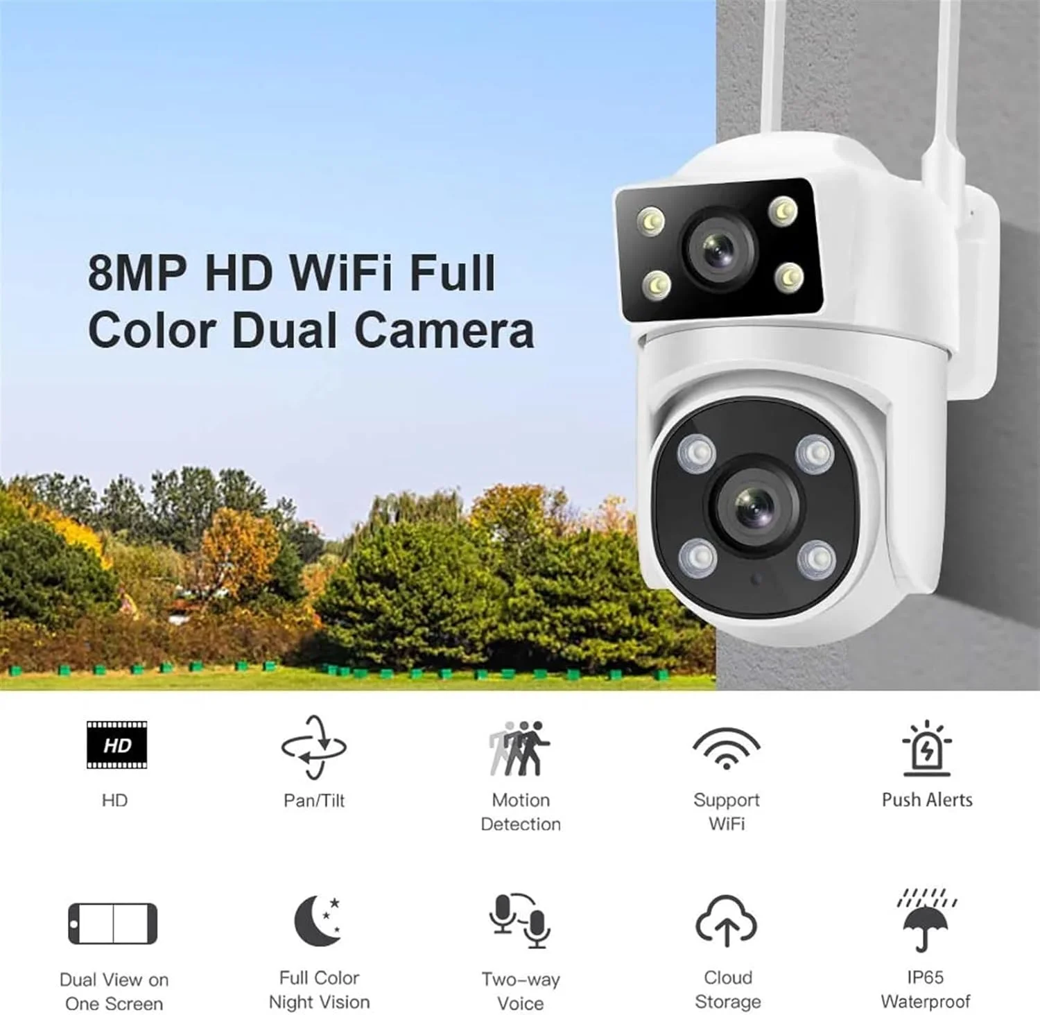 دوربین امنیتی فضای باز دوربین IP دو لنز 8 مگاپیکسلی 4K با قابلیت ردیابی هوش مصنوعی 5G، دوربین مداربسته PTZ هوشمند حفاظتی