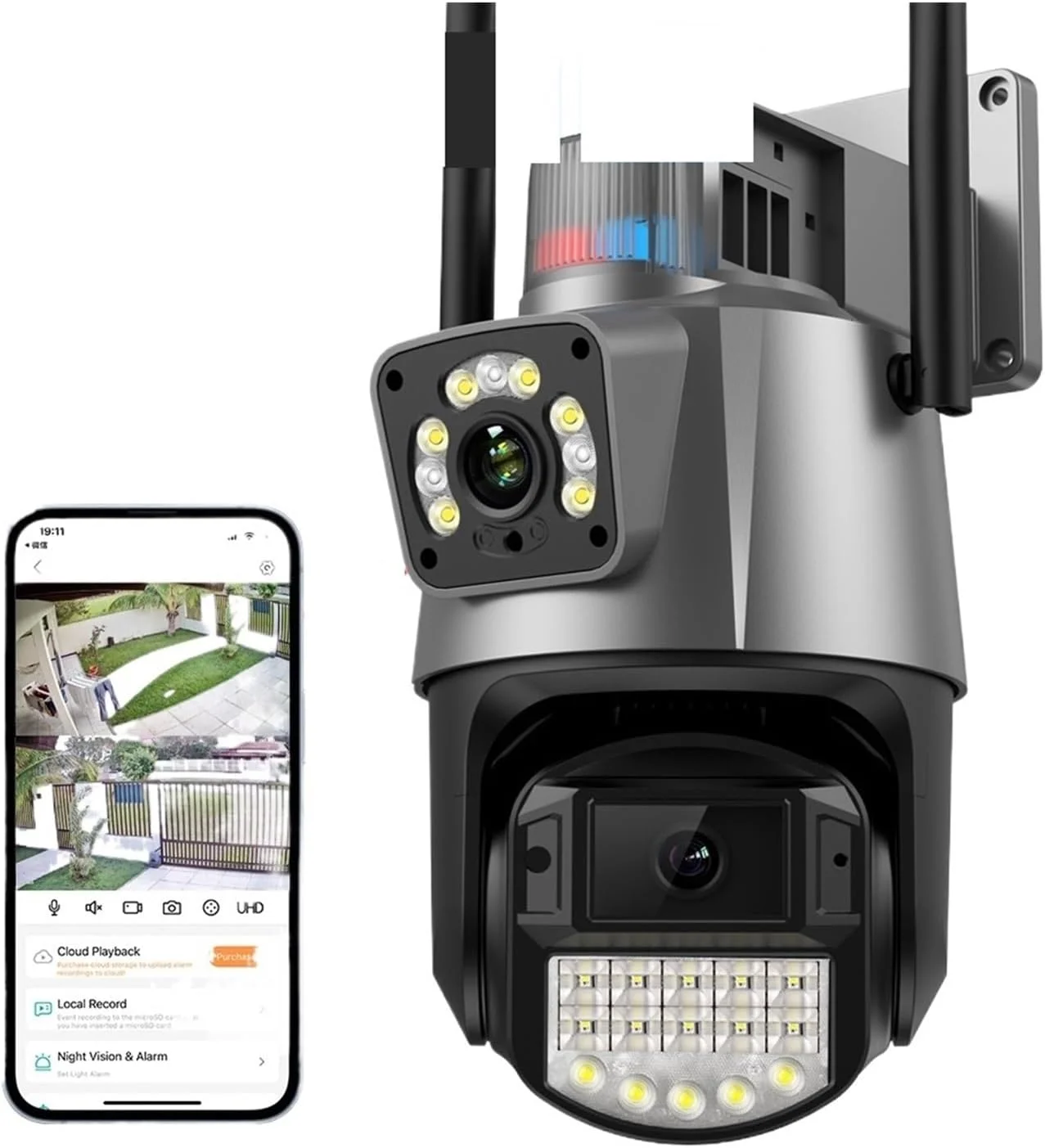 دوربین امنیتی فضای باز 4K 8MP با زوم 4X PTZ، دوربین دوگانه 4MP با کیفیت بالا، صفحه نمایش دوگانه، دید در شب رنگی، ردیابی خودکار هوش مصنوعی برای نظارت تصویری (4MP به همراه کارت SD 32G)