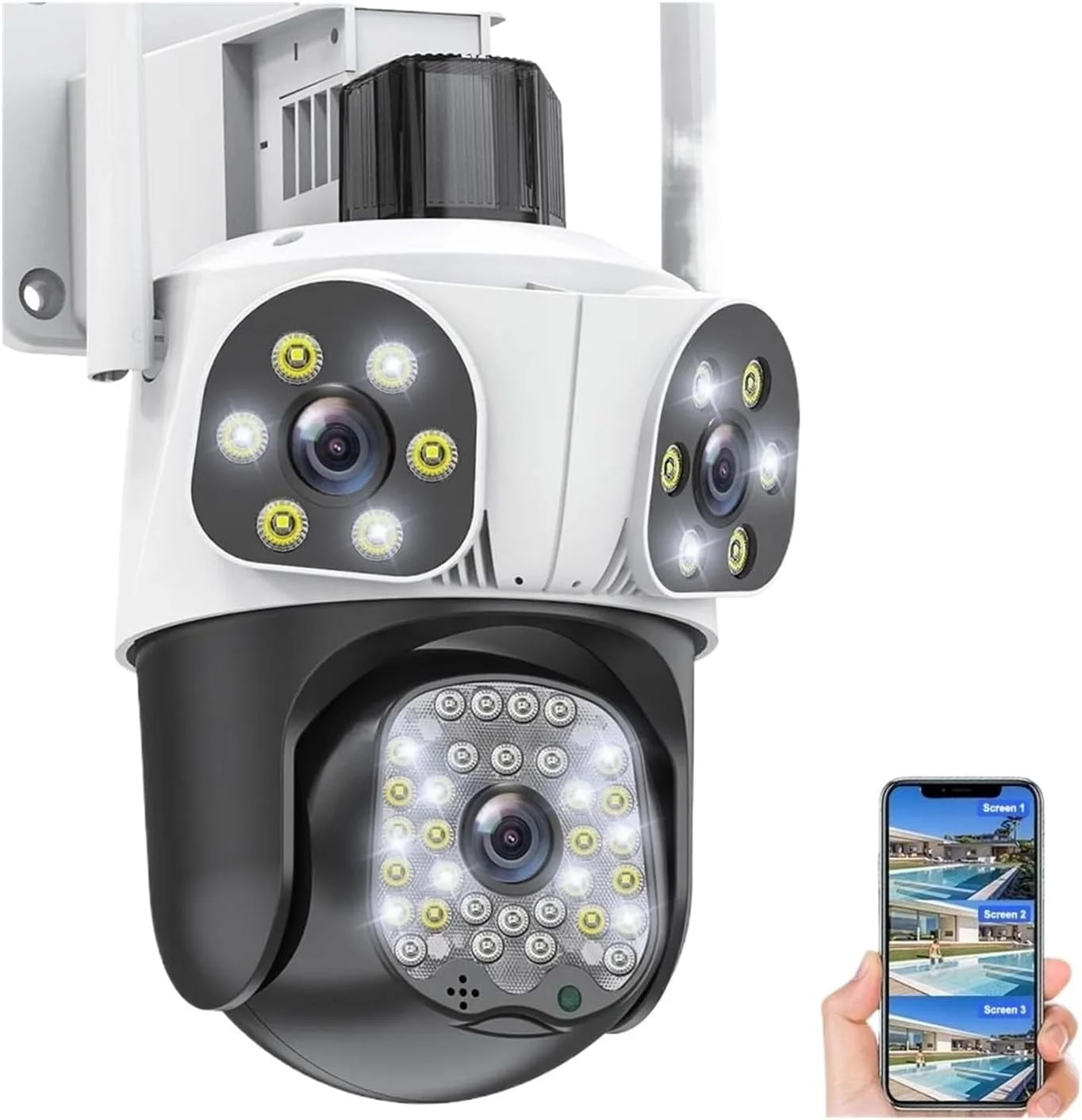 دوربین مداربسته فضای باز وای فای 8K 15 مگاپیکسلی با سه لنز، دوربین نظارتی هوش مصنوعی با قابلیت ردیابی PTZ 8MP، دوربین IP امنیتی وای فای (دوربین 15MP)