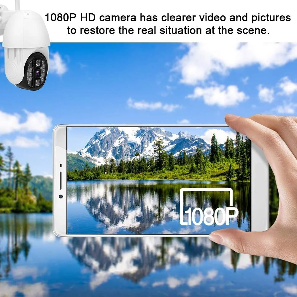 دوربین امنیتی وای فای HD 1080P، دوربین گردان PTZ، دوربین نظارتی فضای باز، 2 چراغ IR + 18 LED، دید در شب و تشخیص حرکت، مناسب برای (ایالات متحده)