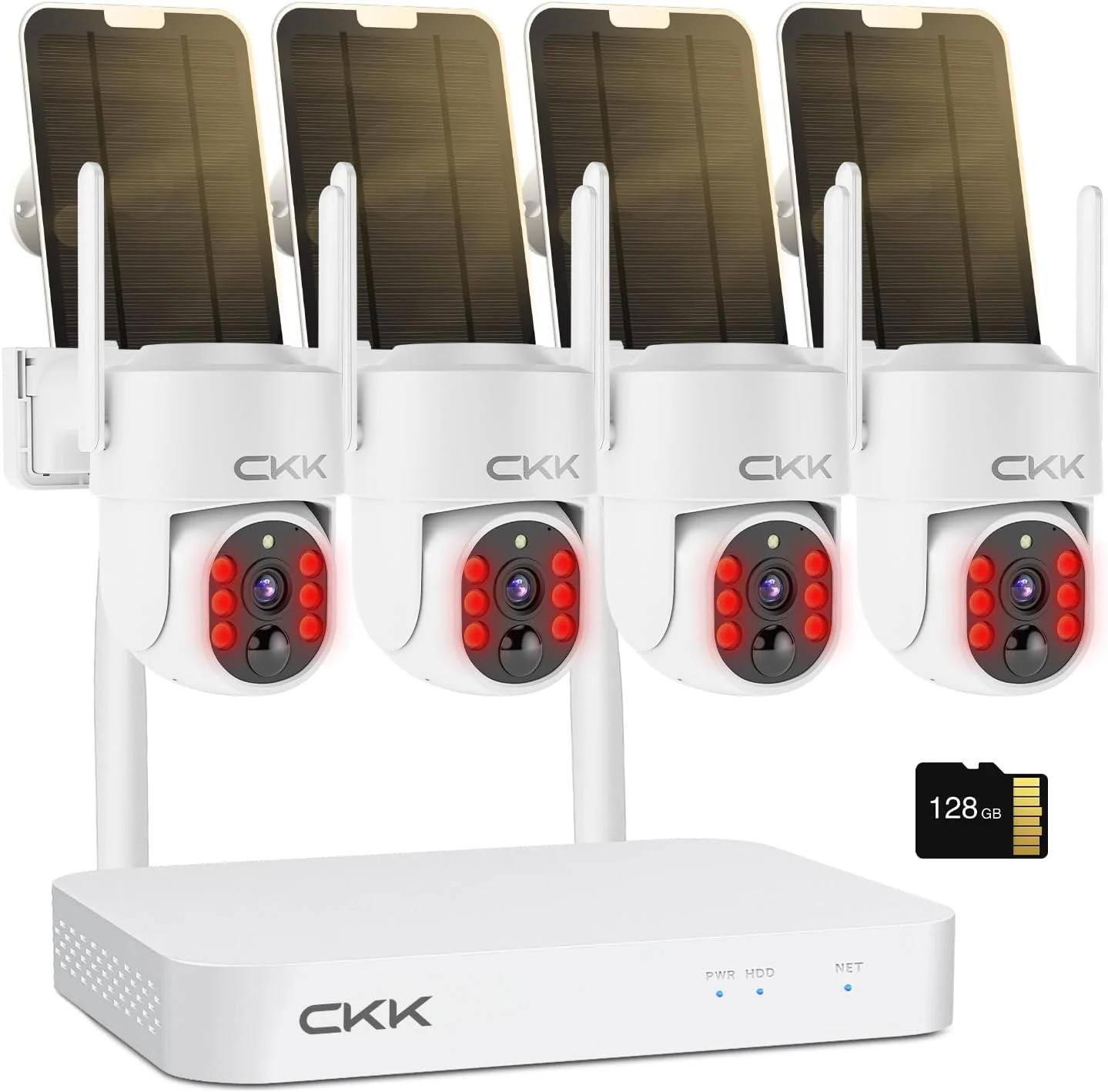 دوربین های امنیتی خورشیدی 2.5K بی سیم فضای باز، بسته 4 عددی دوربین وای فای PTZ با دید 360 درجه، NVR با دید در شب رنگی، نصب آسان، صدای دو طرفه، 128 گیگابایت حافظه محلی، آلارم PIR، سازگار با الکسا، سیستم C202