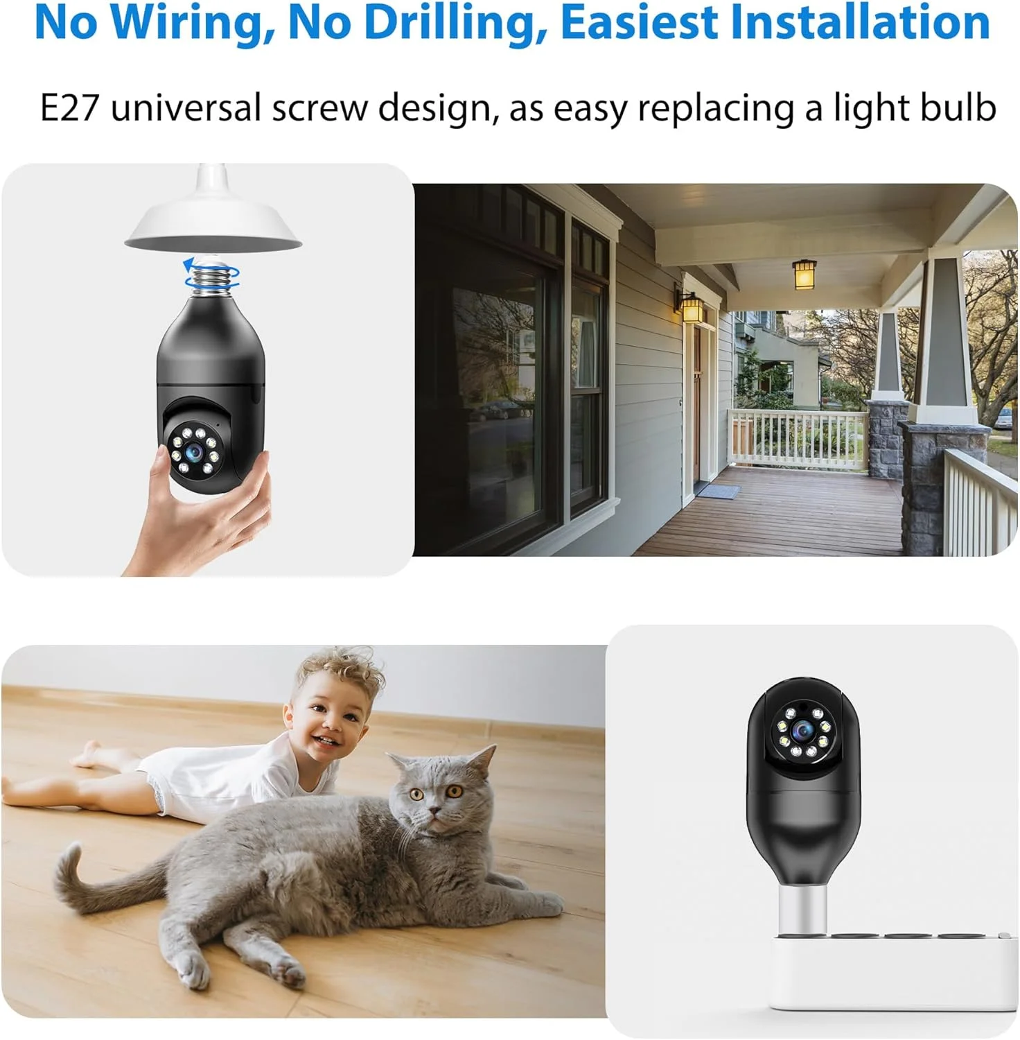 دوربین امنیتی لامپی 2K، دوربین های امنیتی وایرلس بیرونی با وای فای 6 دو بانده 2.4/5 گیگاهرتز، دوربین های 360 درجه PTZ برای امنیت خانه با دید در شب رنگی، تشخیص انسان با هوش مصنوعی، مکالمه دو طرفه، نصب آسان، بسته 2 عددی