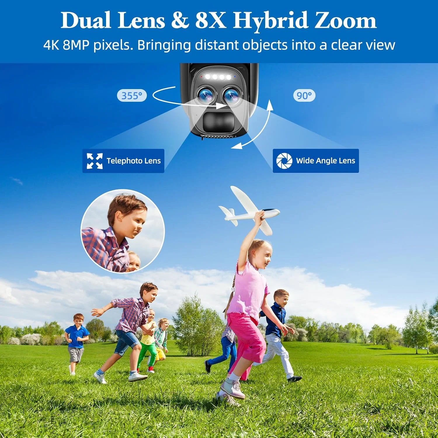 دوربین های امنیتی بی سیم 4K 5Dbi برای فضای باز با زوم 8X، دوربین امنیتی خورشیدی با باتری برای فضای باز، دوربین وای فای PTZ 360 درجه با نورافکن و آژیر، تشخیص حرکت PIR، دید در شب رنگی، 2.4/5 گیگاهرتز، الکسا